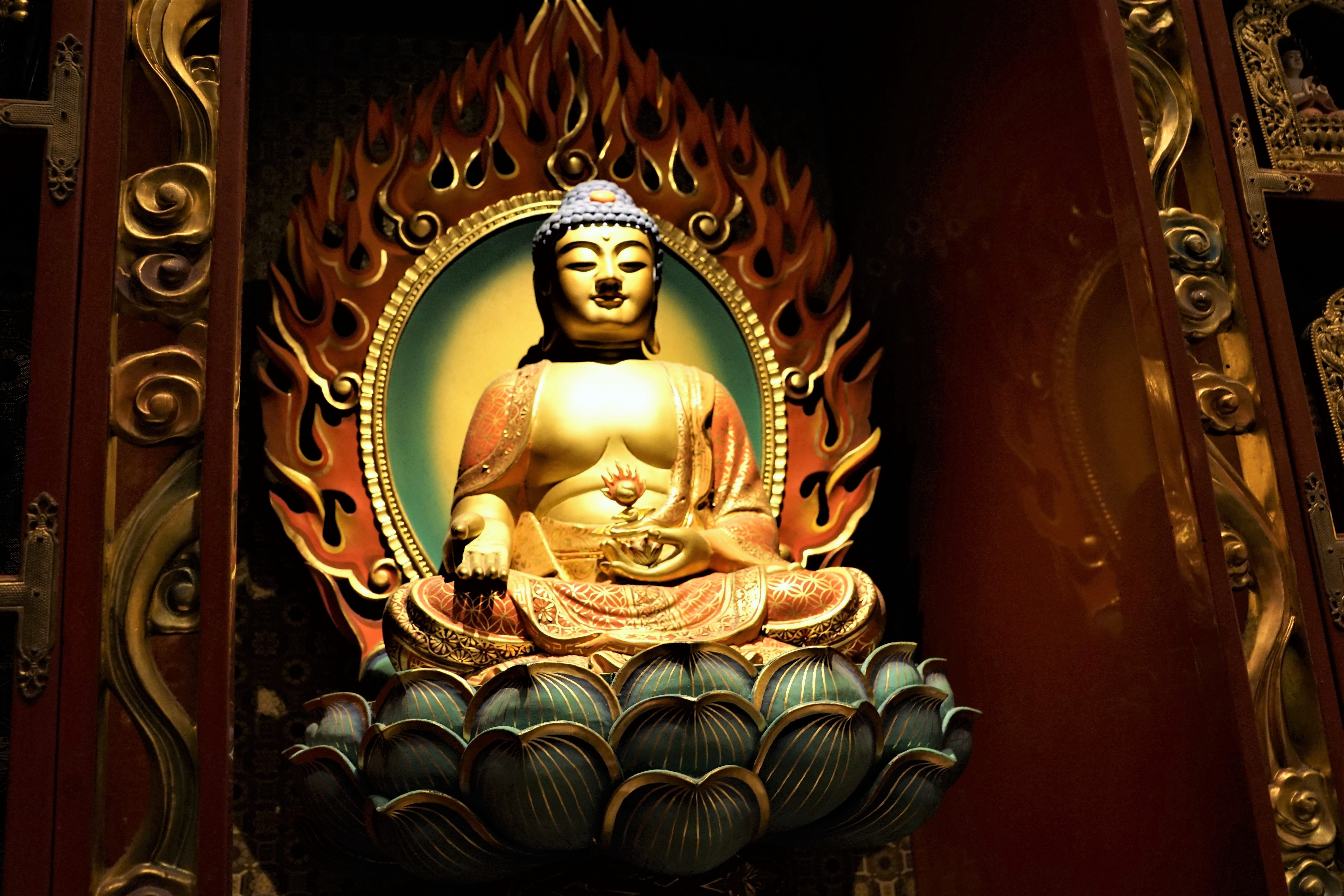 spirituality, temple, spa, building, creativity, figure, flowers, golden, museum, indoors, travel, design, male likeness, prayer, man, decoration, religious, HD Wallpaper