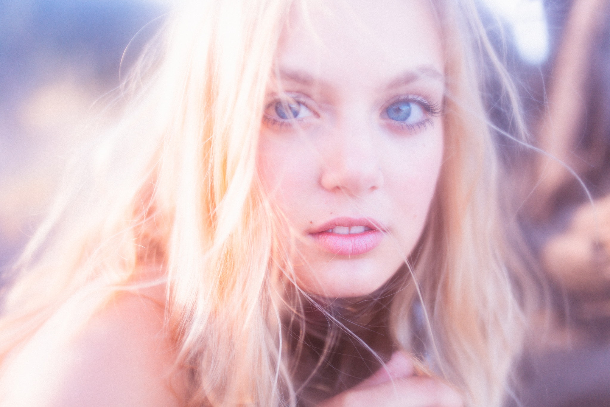 face, open mouth, blonde, women, blue eyes, Mike Monaghan, 1080P, blurred, HD Wallpaper