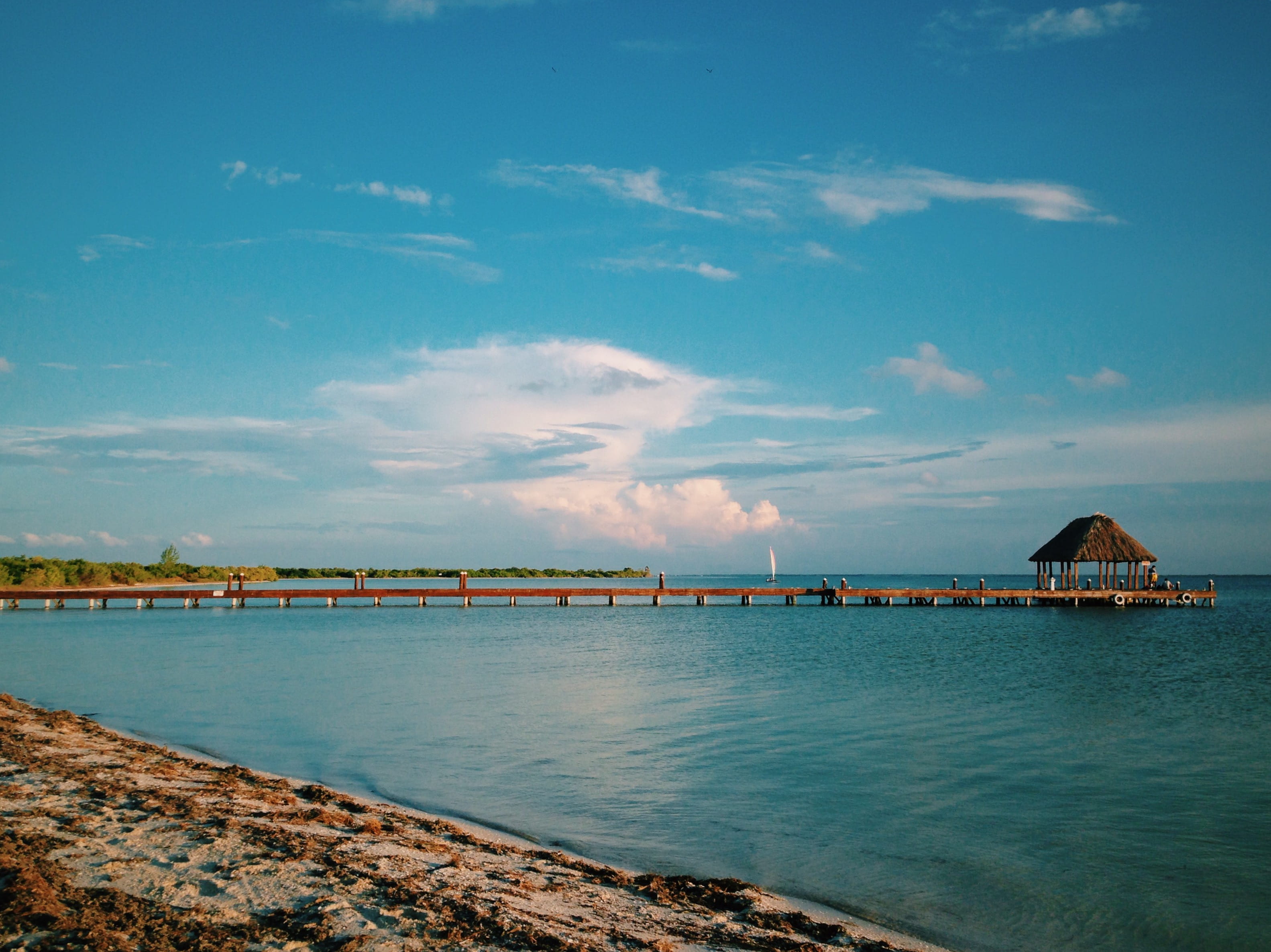 sea, building exterior, tranquility, outdoors, built structure, architecture, beach, sky, scenics - nature, waterfront, holbox, isla holbox, pier, travel, HD Wallpaper