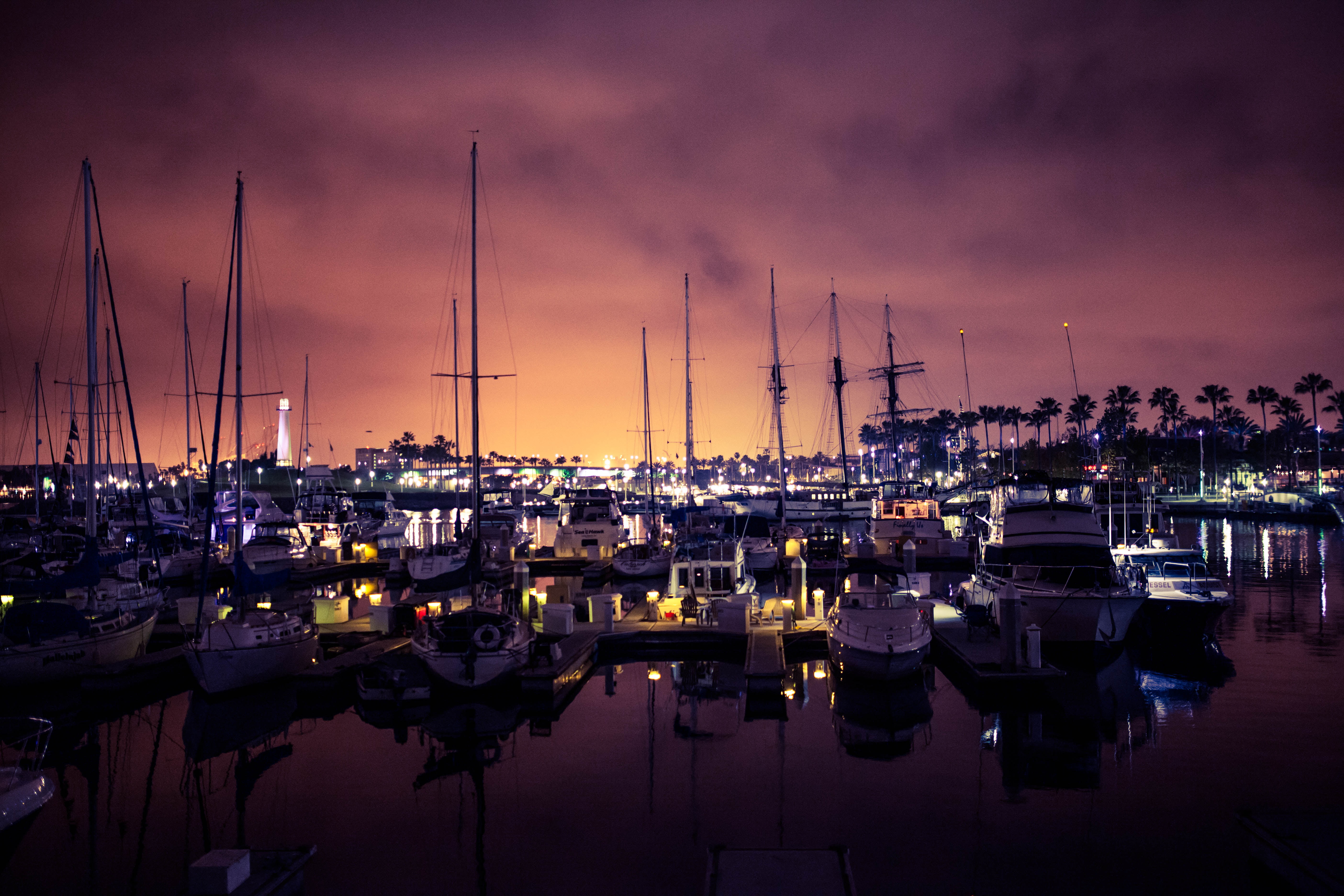 5K, harbor, nautical Vessel, marina, Canon 5d mark ii, sailboat, shoreline, Boats, long beach  california, lights, night, composition, color, yacht, village, HD Wallpaper