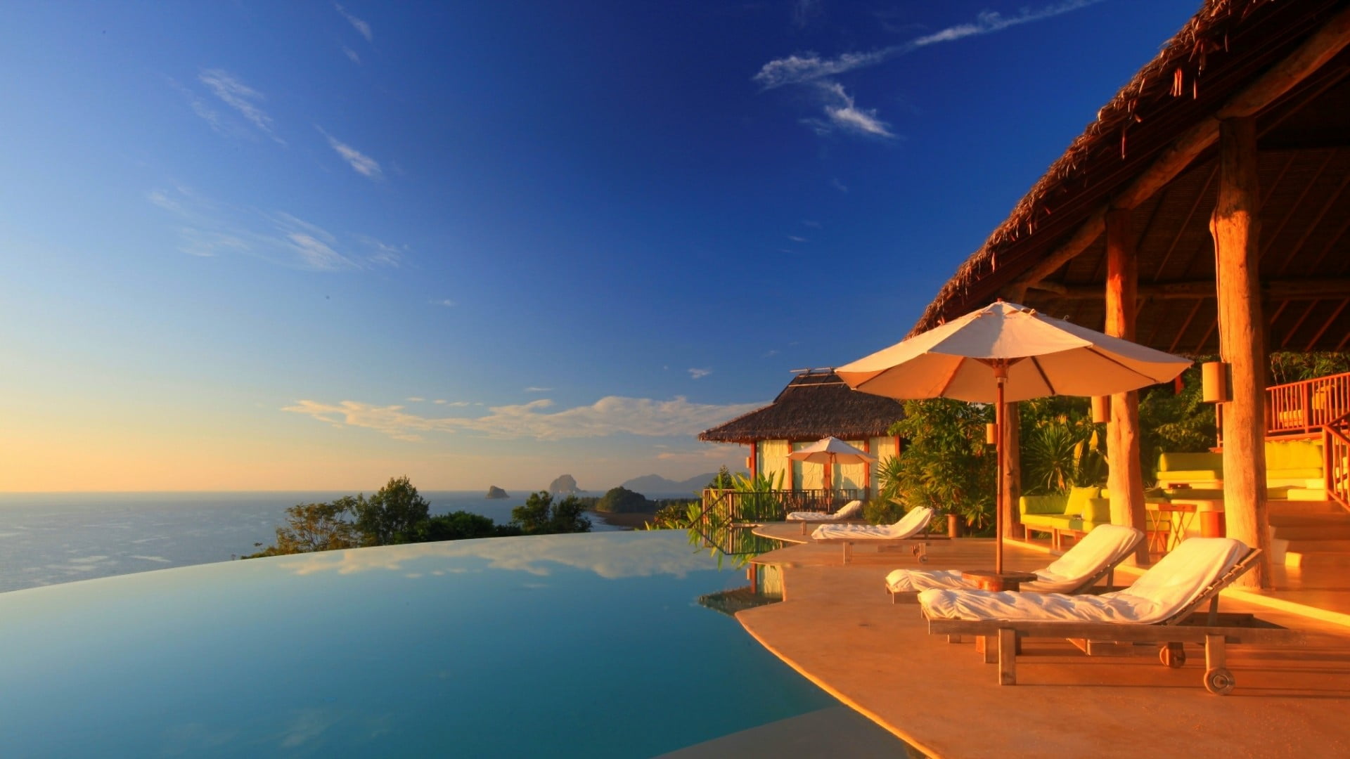 leisure, vacations, infinity pool, nature, resort, luxury hotel, andaman sea, evening, tourist resort, outdoors, travel destinations, summer, stretch ceiling, HD Wallpaper