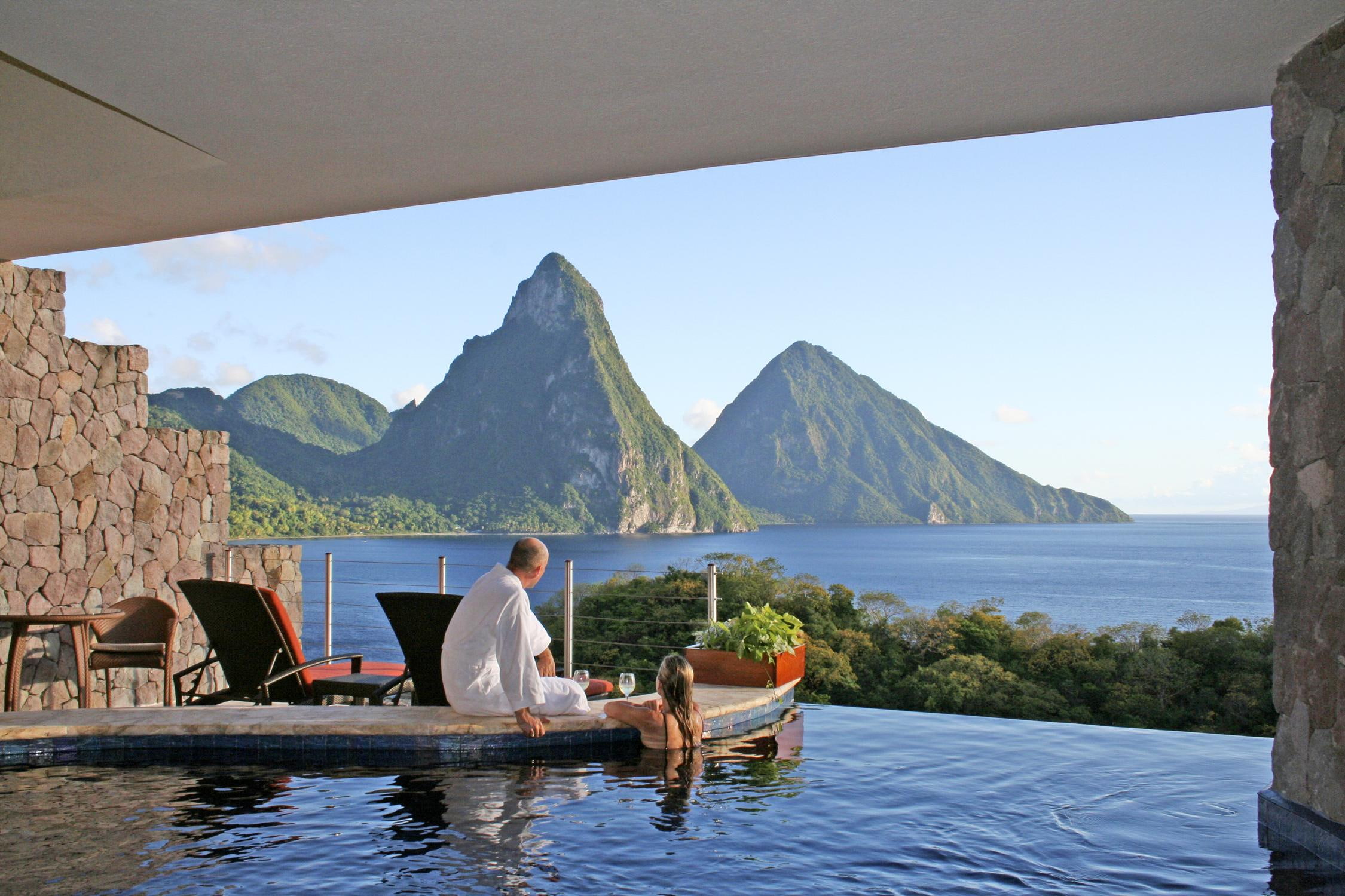 mountains, views, shirt, chairs, deck, sleeve, infinity pool, villa, men, 3d and abstract, white, s, romantic, long, st lucia, ocean, couple, 1080P, HD Wallpaper