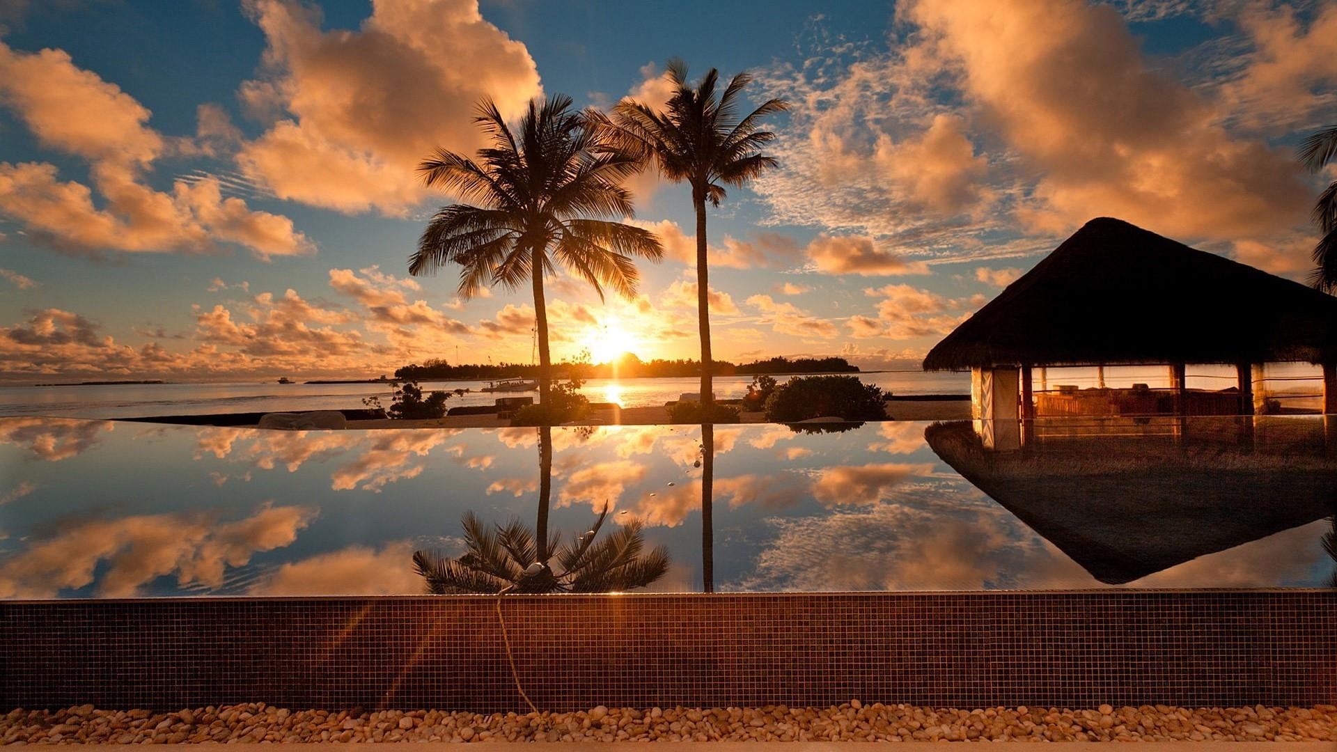 outdoors, reflection, no people, palm tree, cloud - sky, sea, water, sky, tree, scenics - nature, nature, 1080P, shore, palms, pool, beauty in nature, HD Wallpaper