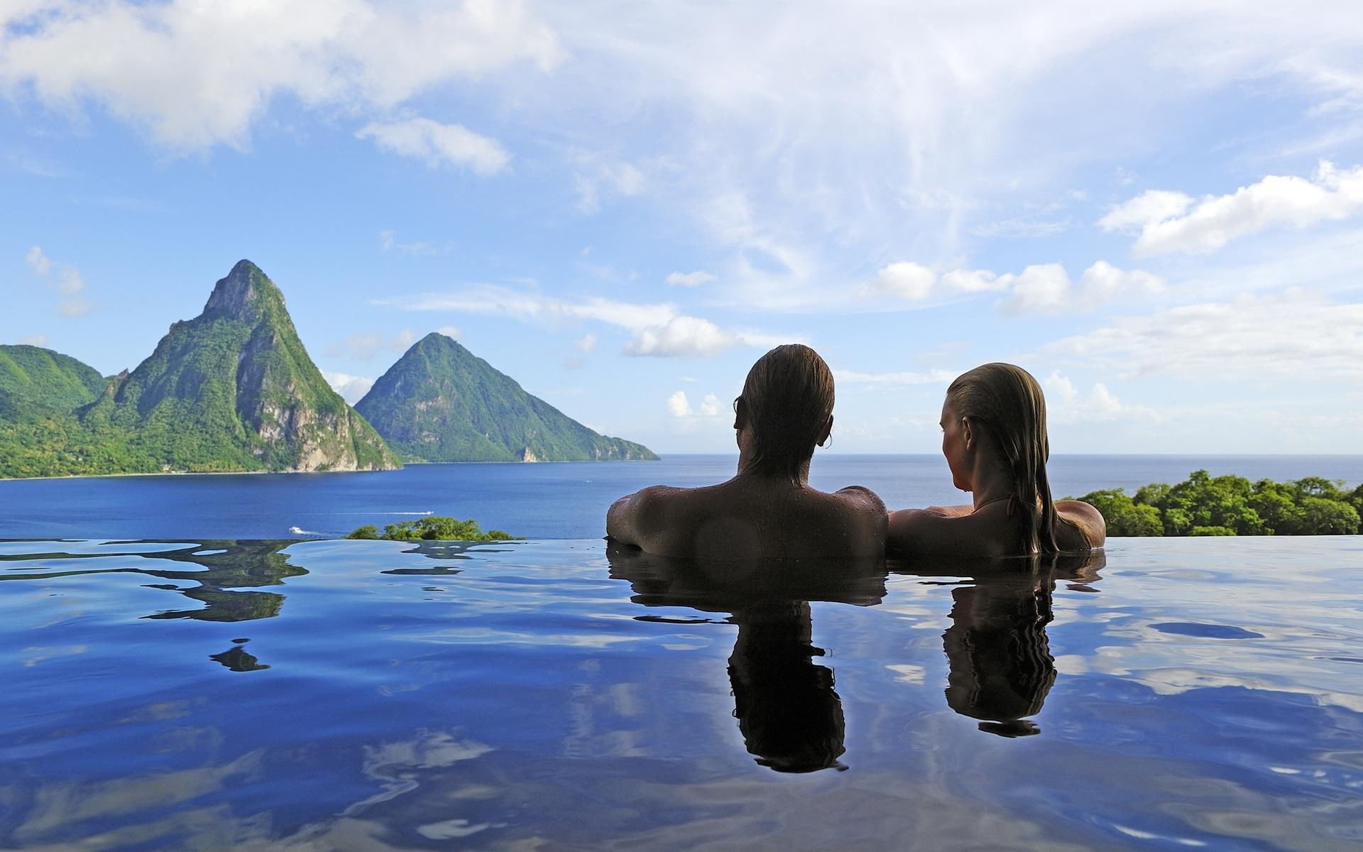 pool, mountains, infinity, couple, 1080P, nature and landscapes, HD Wallpaper