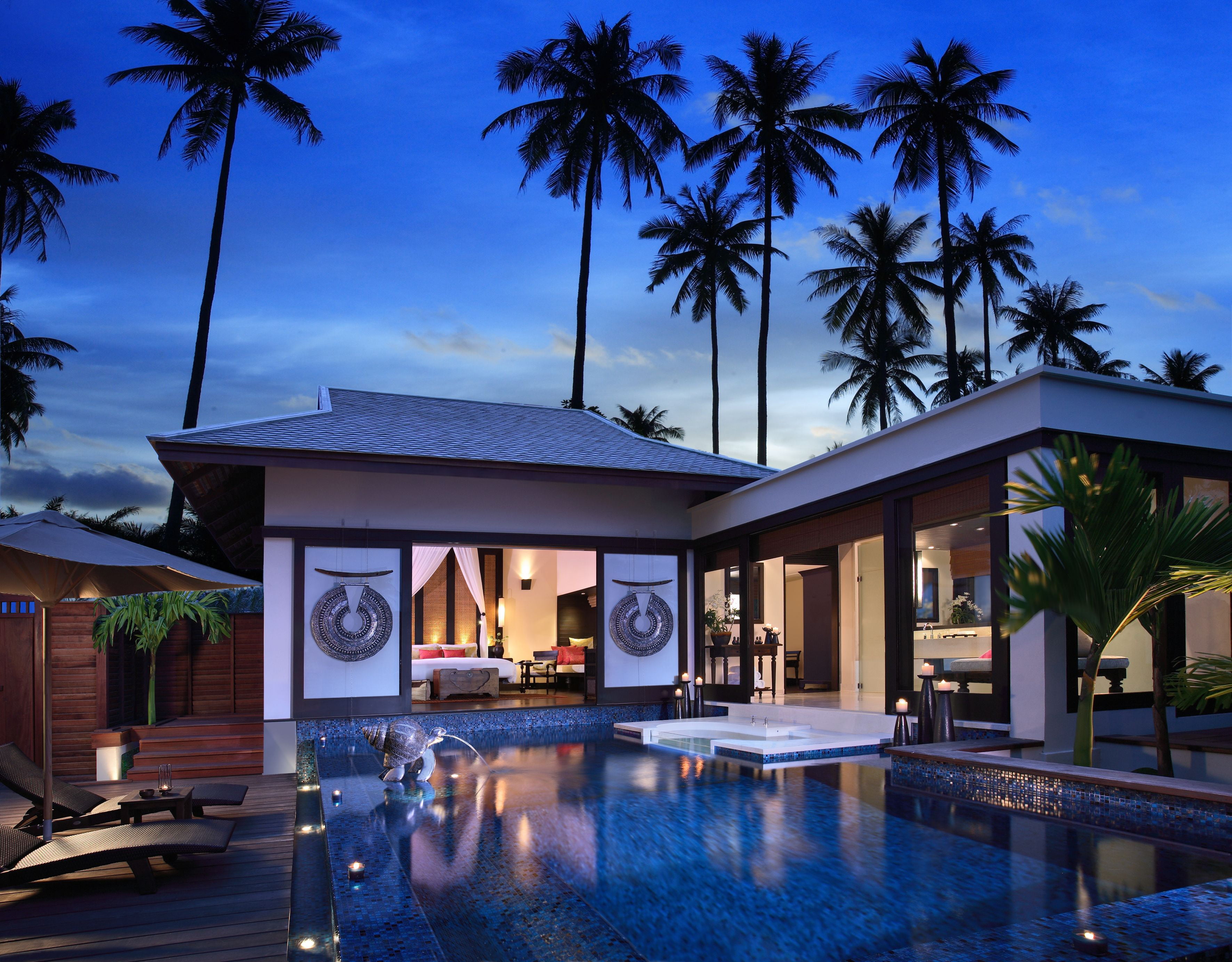 swimming Pool, Bungalow, plant, tourist Resort, deck, blue, lifestyles, night, tree, idyllic, built structure, holiday Villa, cloud - sky, sea, residential Building, HD Wallpaper