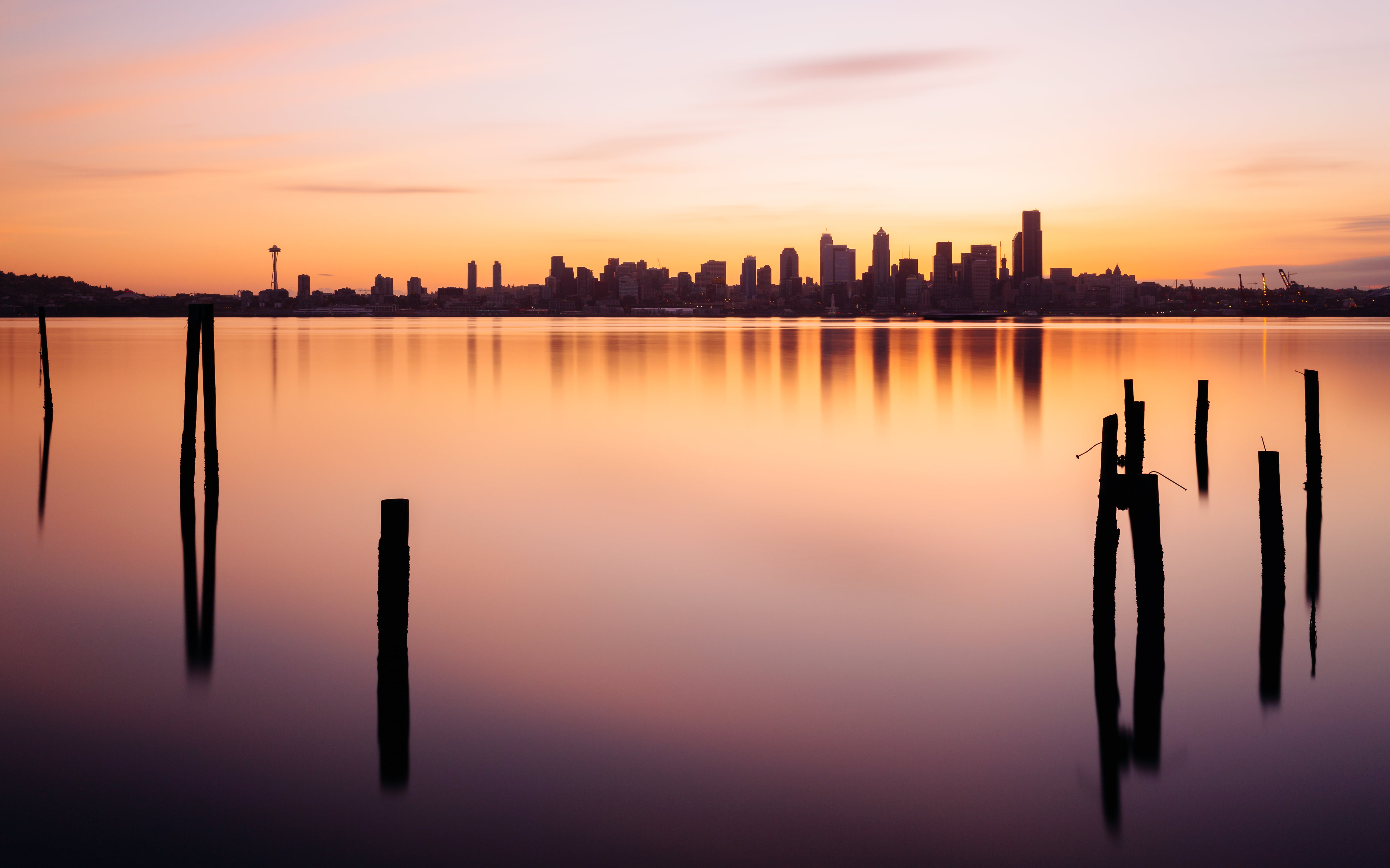 reflection, dusk, Light, Pacific Northwest, cityscape, sunset, urban Skyline, silhouette, 5K, seattle, water, 35mm, view, city view, Canon EOS 5D Mark III, HD Wallpaper