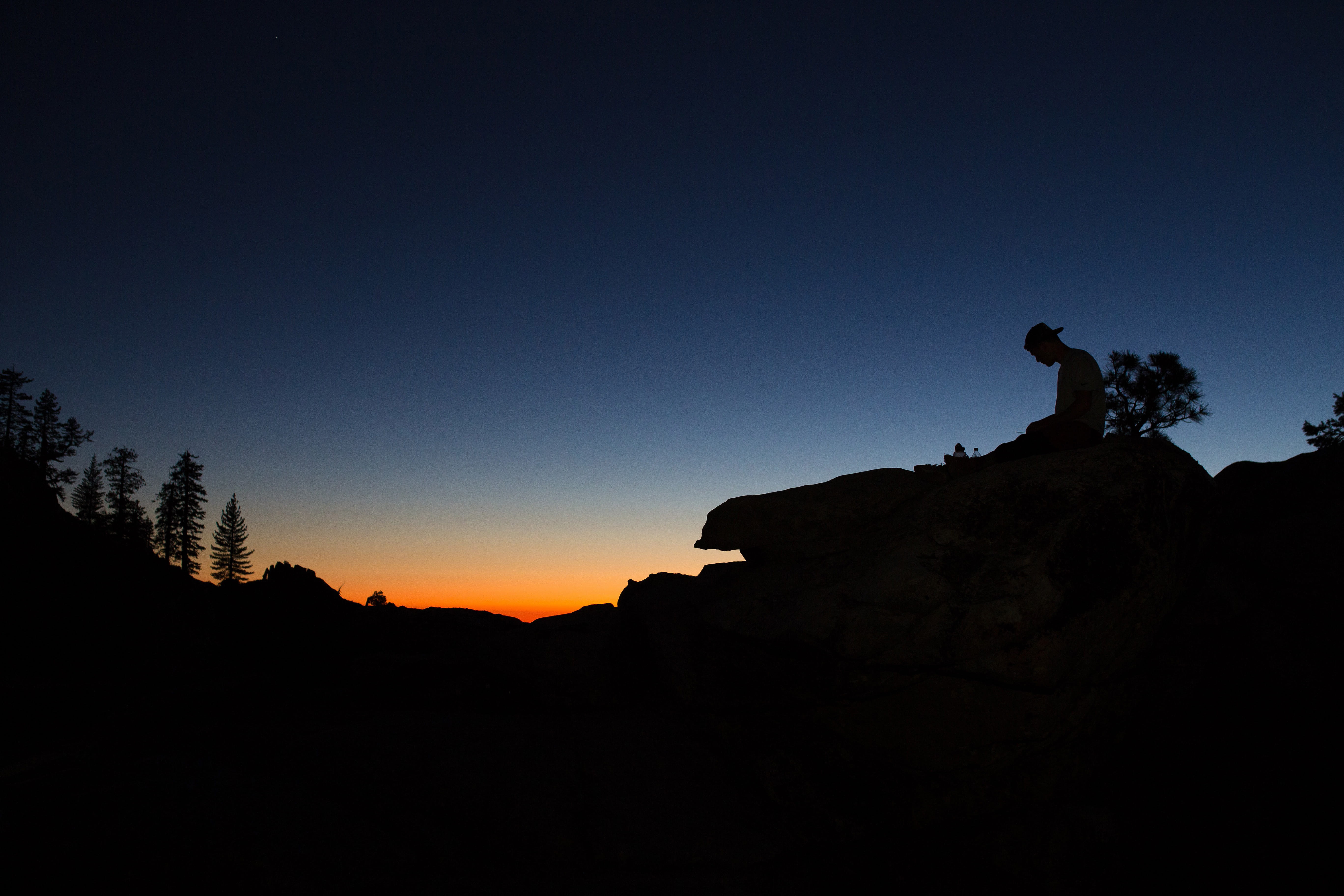 man, yosemite, Silhouette, sunset, mammal, scenics, no people, back Lit, mountain, outdoors, rock - object, people, sculpture, dusk, nature, solid, art and craft, HD Wallpaper