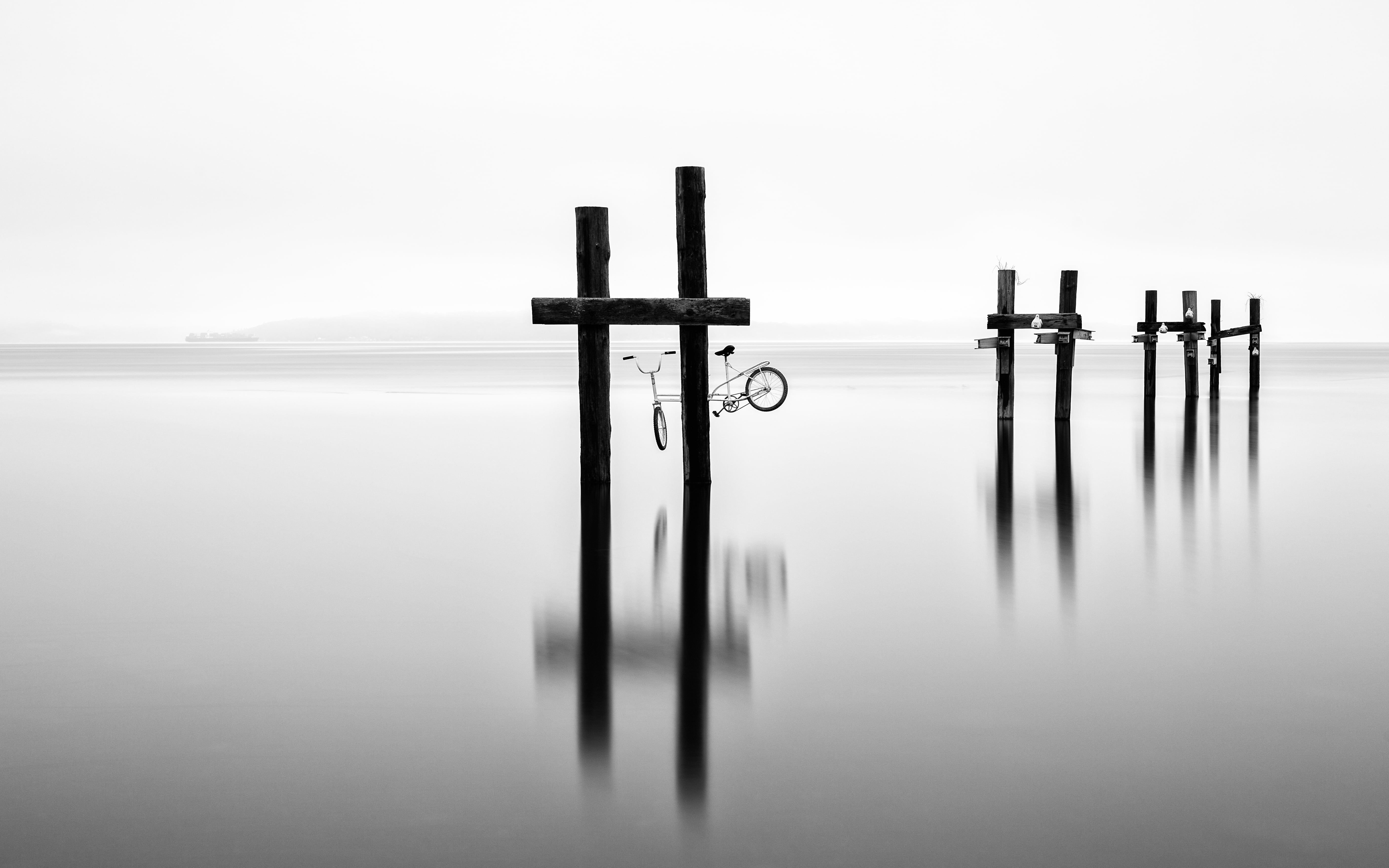 sea, nature, monochrome, Pilings, pillar, hanging on, smooth, Firecrest, tacoma, spirituality, Canon EOS 5D Mark III, 70mm, Friday, water, long exposure, HD Wallpaper