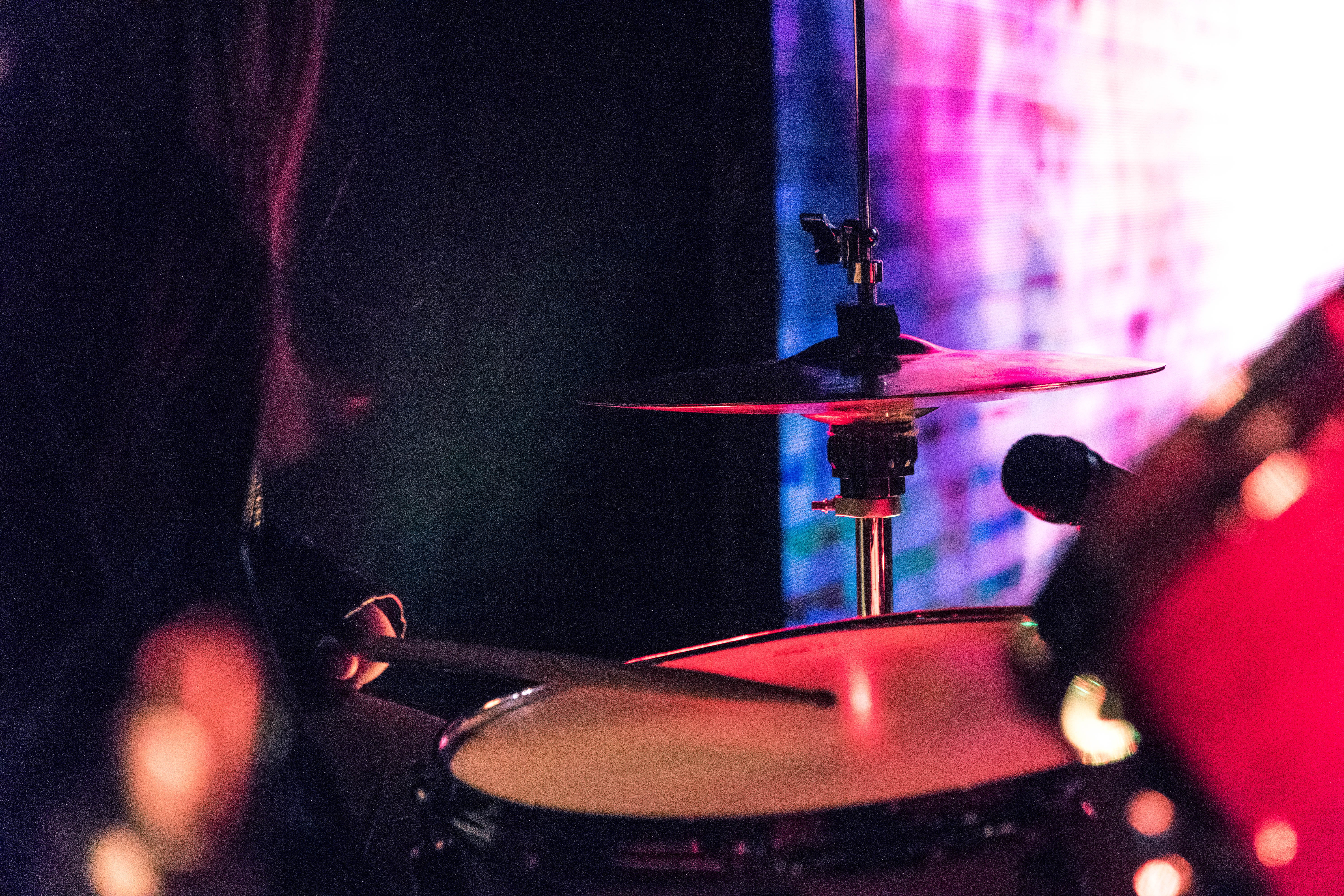 night life, stage, close-up, equipment, music band, bass, drums, nightclub, drummer, arts culture and entertainment, focus on foreground, drum, lighting, HD Wallpaper