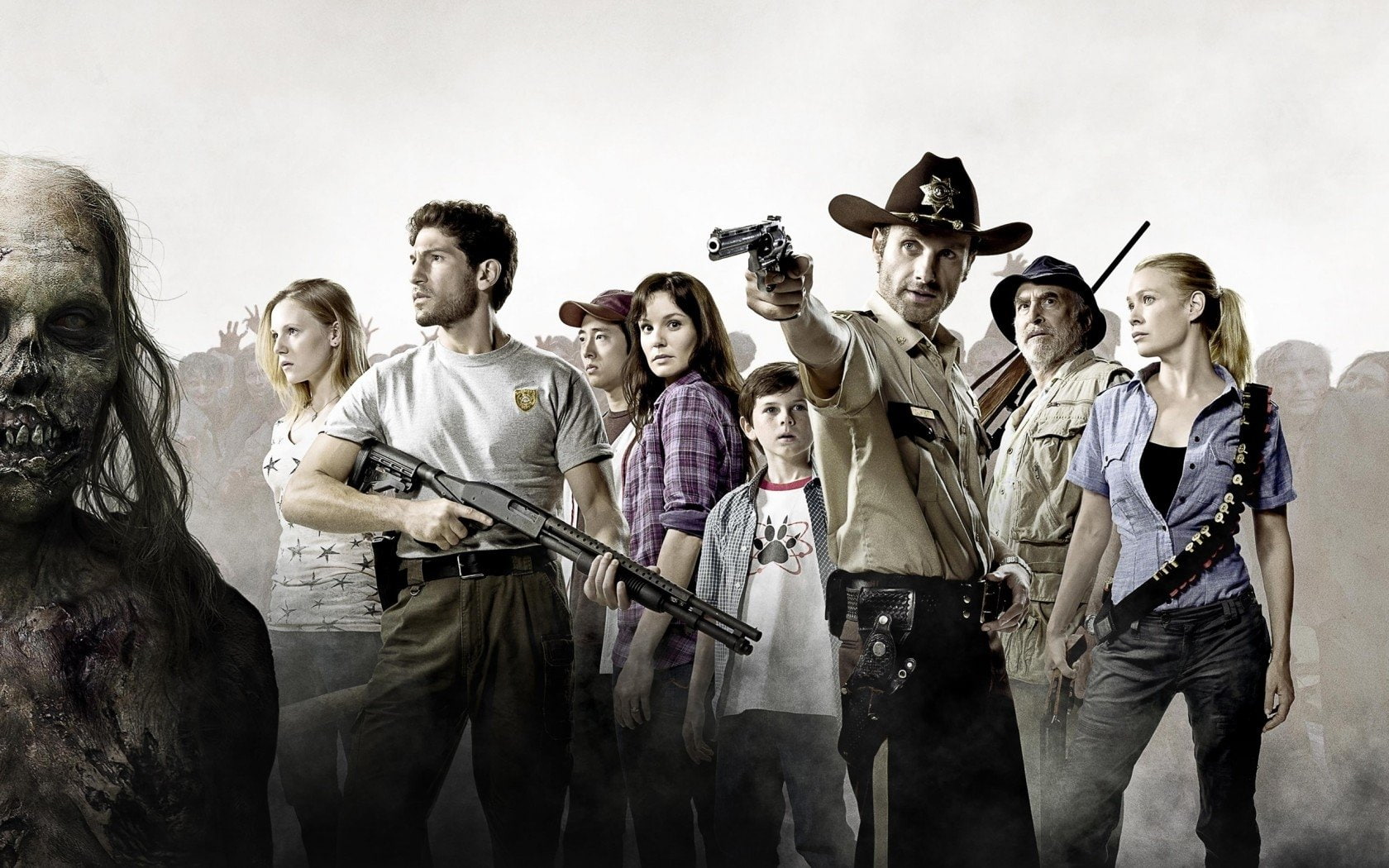 Sarah Wayne Callies, arts culture and entertainment, men, Andrew Lincoln, Andrea (The Walking Dead), rifle, Carl Grimes, musical instrument, musical equipment, HD Wallpaper