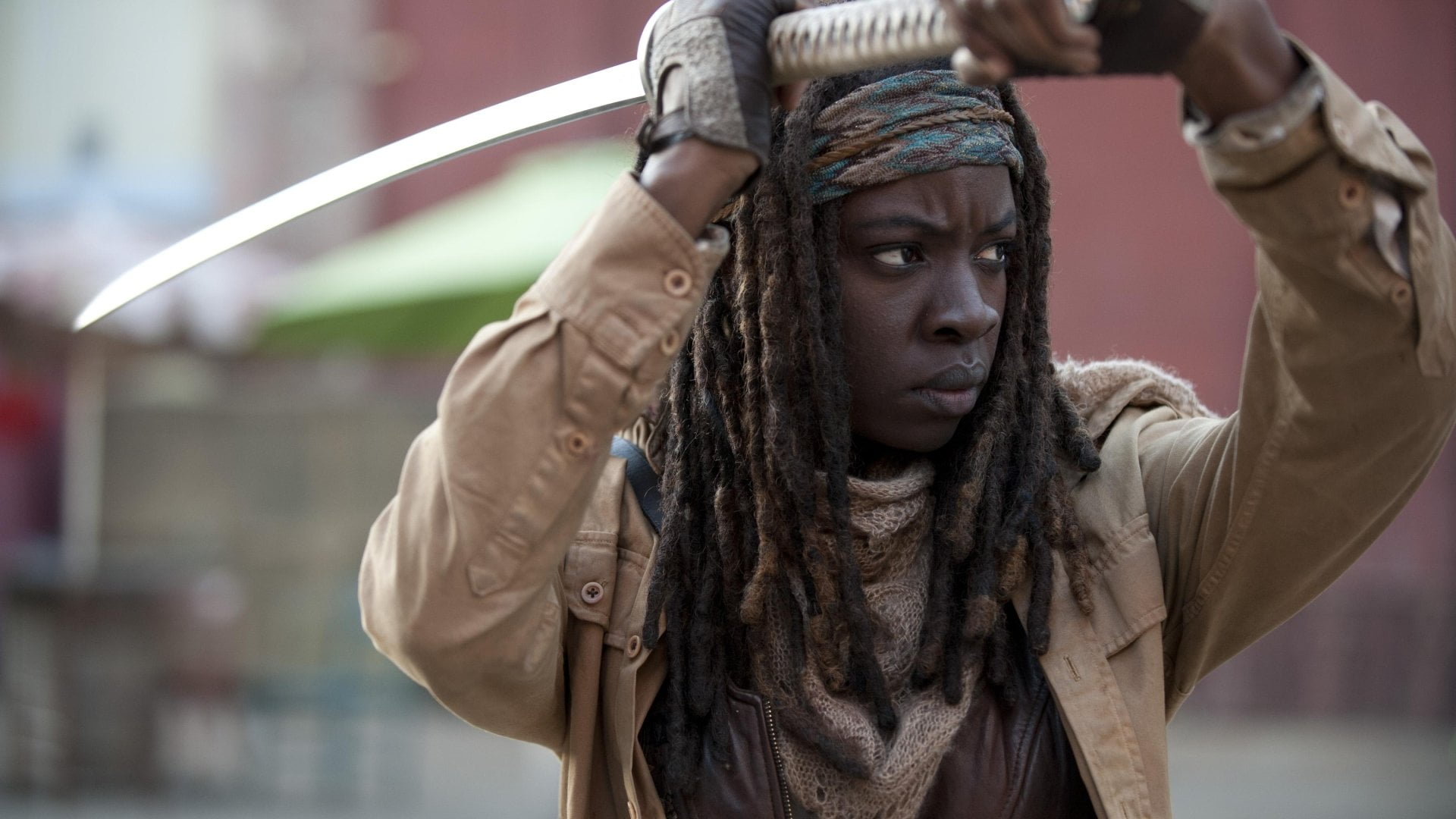day, Michonne (The Walking Dead), TV Show, The Walking Dead, scarf, looking away, beautiful woman, portrait, hairstyle, looking, headshot, 1080P, contemplation, HD Wallpaper