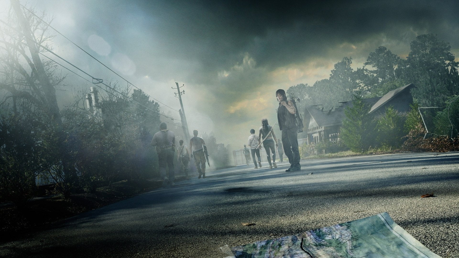 Daryl Dixon, built structure, The Walking Dead, city, fog, leisure activity, road, sky, tree, nature, Norman Reedus, transportation, men, walking, plant, HD Wallpaper