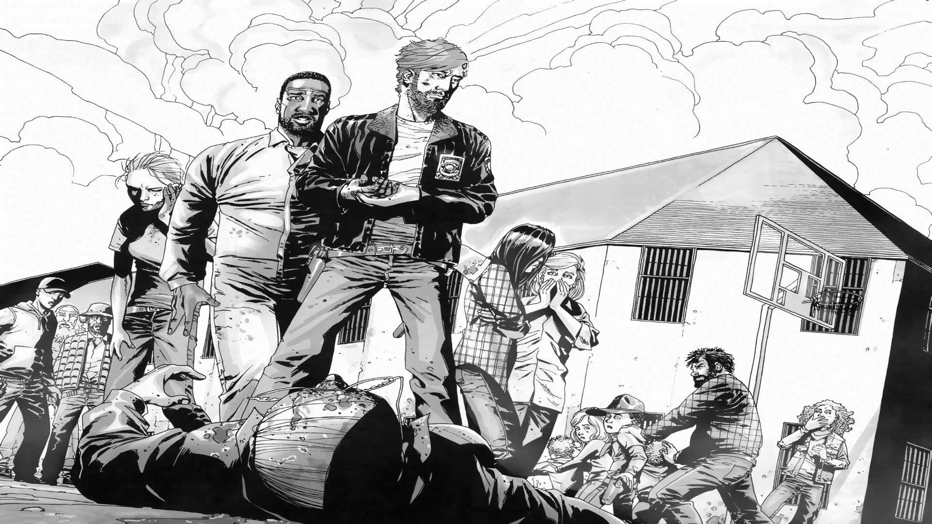 man, people, festival, sky, grayscale, built structure, photo, architecture, real people, male likeness, comics, The Walking Dead, Rick Grimes, human representation, HD Wallpaper