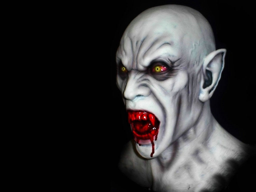 looking at camera, demon - fictional character, blood, fear, Halloween, headshot, make-up, one person, emotion, paint, vampires, black background, horror, HD Wallpaper