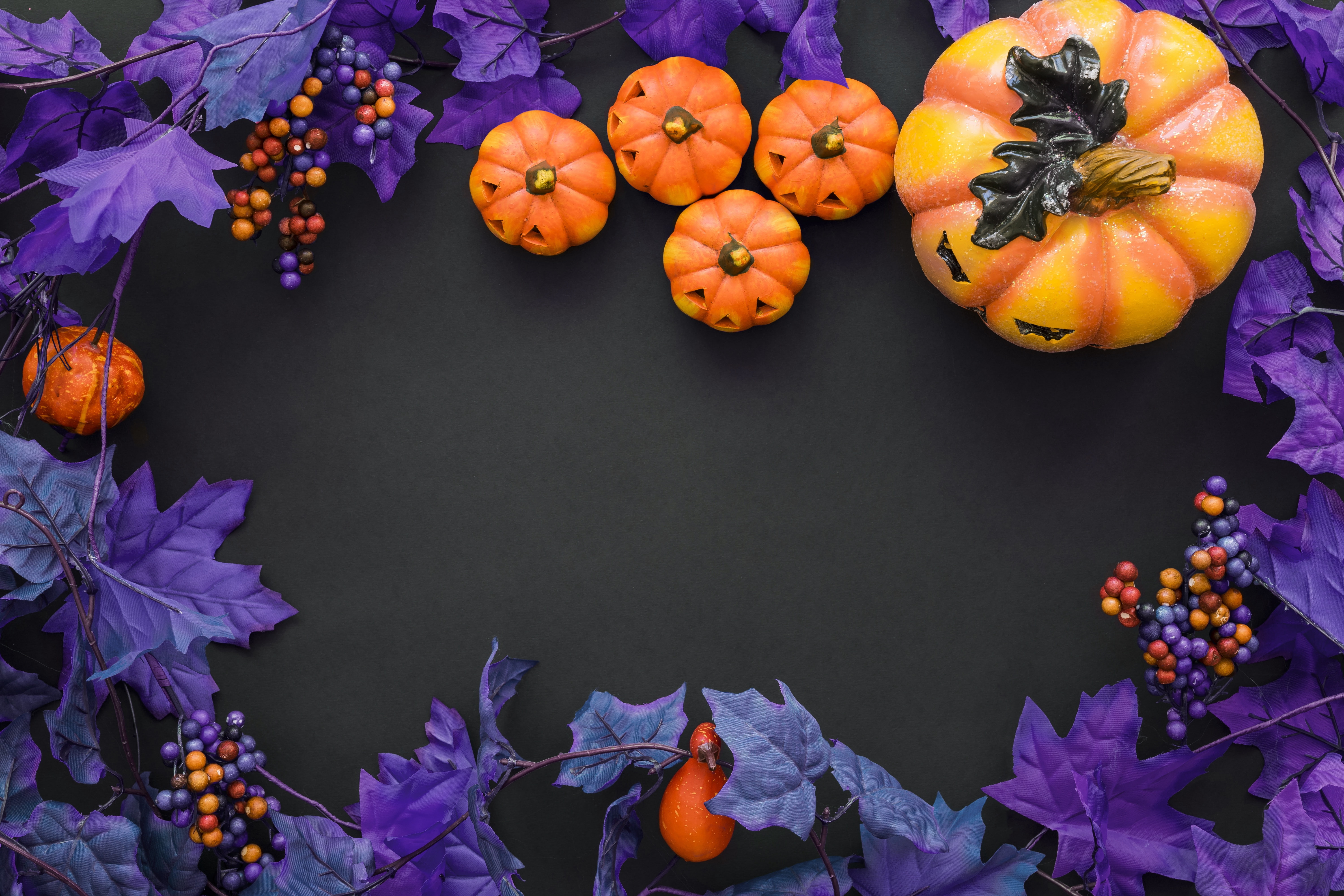 card, purple, Happy Halloween!, pumpkin, orange, leaf, 5K, autumn, halloween, black, HD Wallpaper