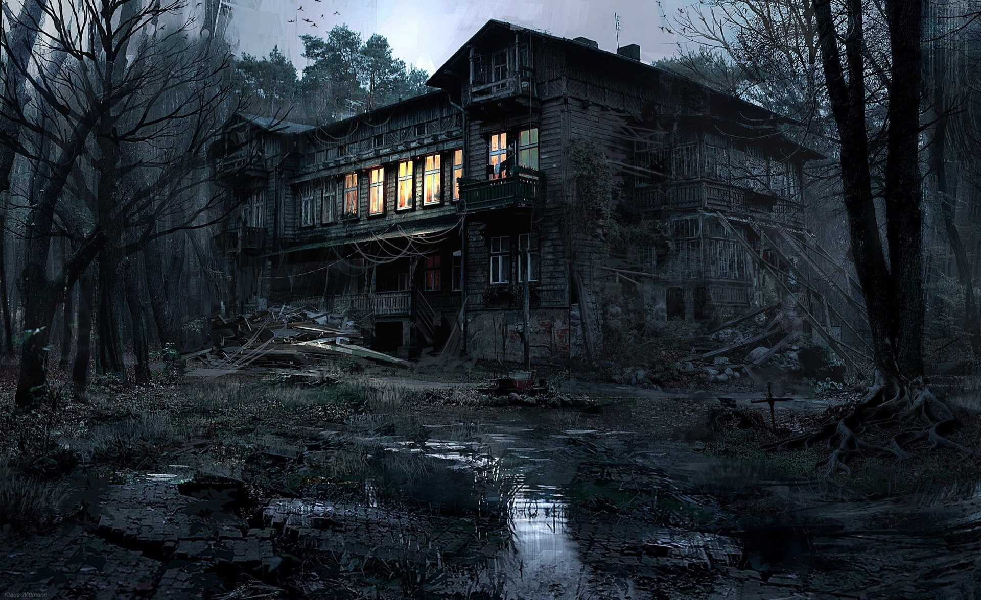 Haunted House, building, water, bare tree, day, 1080P, Halloween, Dark, residential district, ruined, Black, abandoned, built structure, old, House, no people, HD Wallpaper