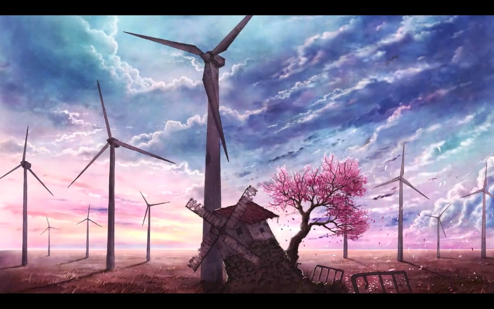 auto post production filter, nature, digital composite, outdoors, anime, no people, windmill, turbine, artwork, 720P, sunset, plant, cloud - sky, HD Wallpaper