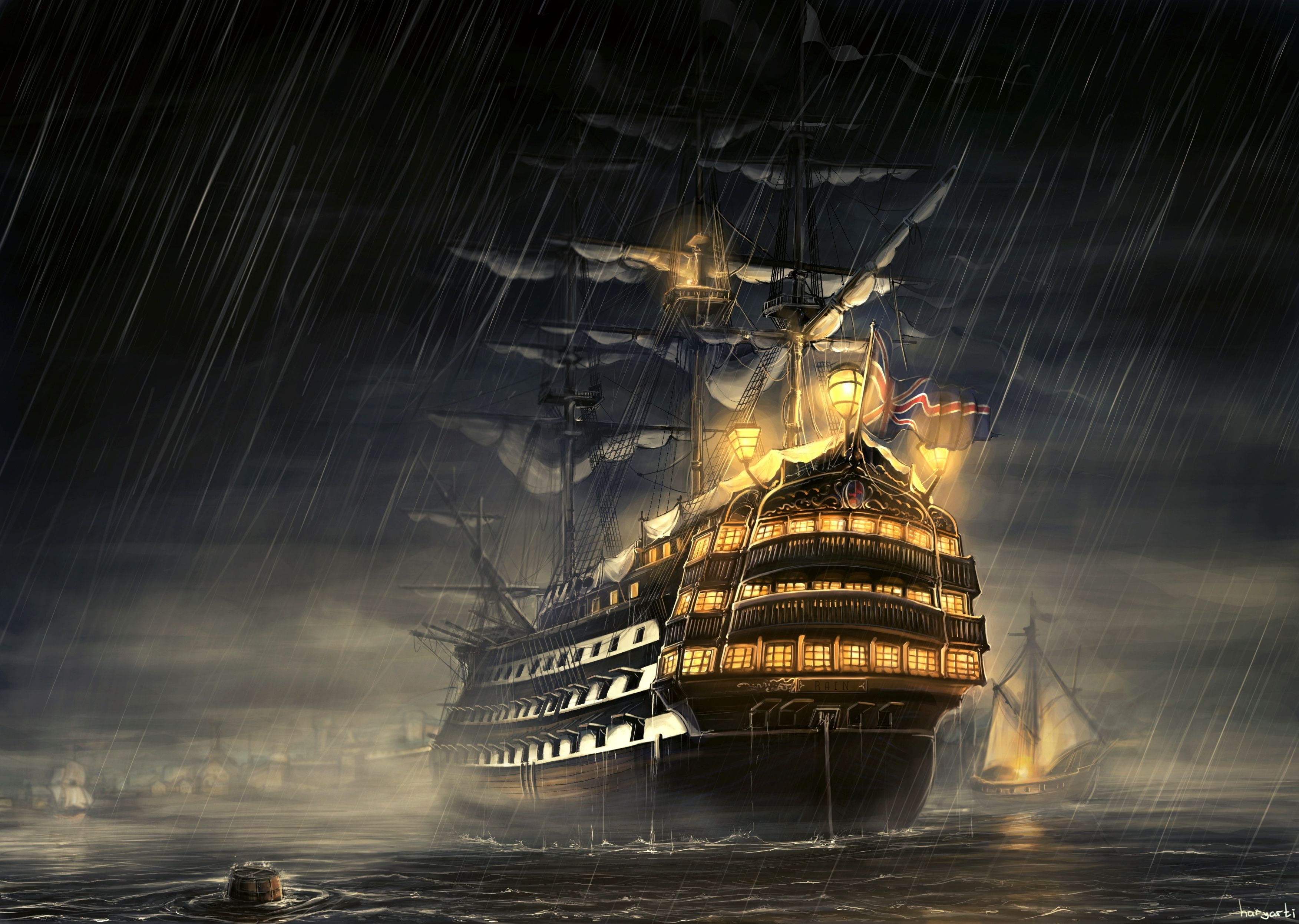 port, ship, rain, sea, sail, artwork, Clouds, 2K, haryarti, english, art, england, night, ships, hd, HD Wallpaper