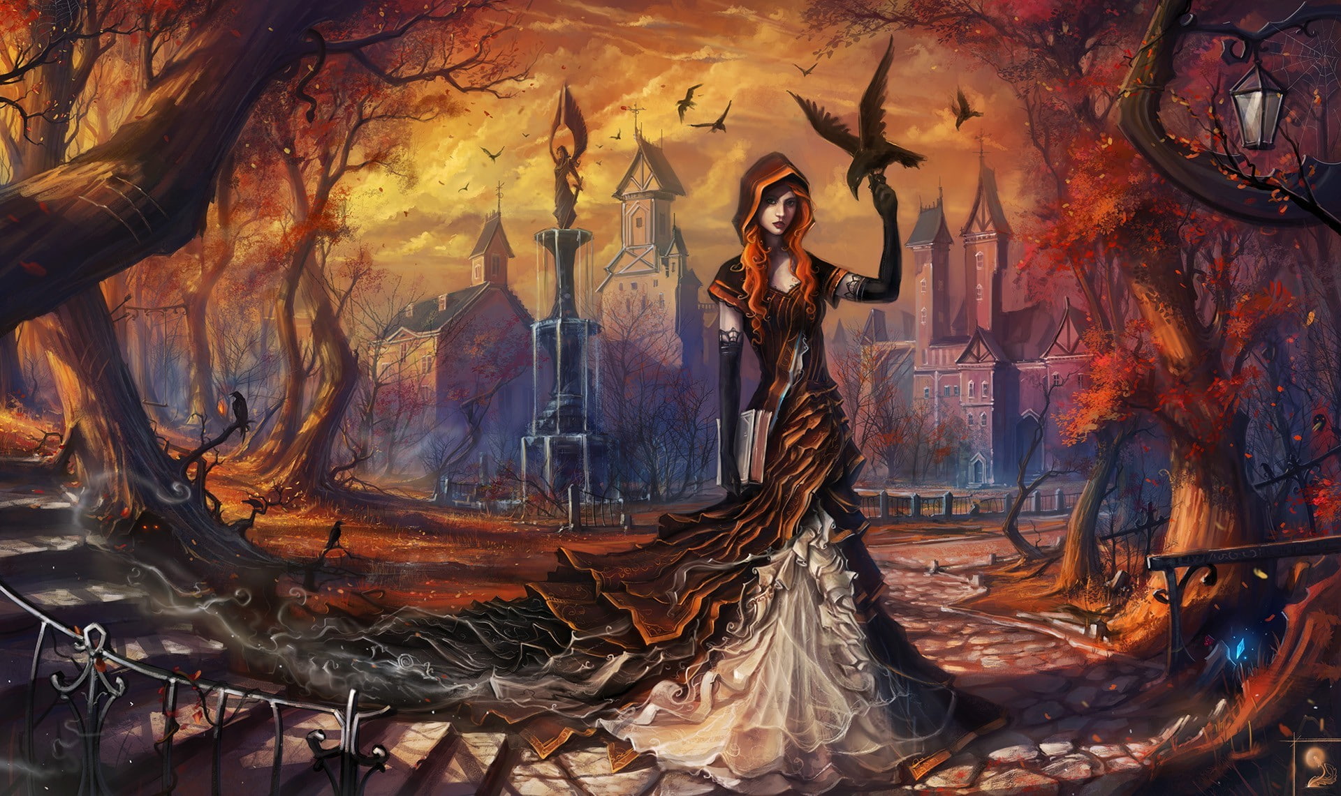 1080P, representation, digital composite, burning, artwork painting crow fountain village haryarti, full length, one person, mural, art and craft, painted image, HD Wallpaper
