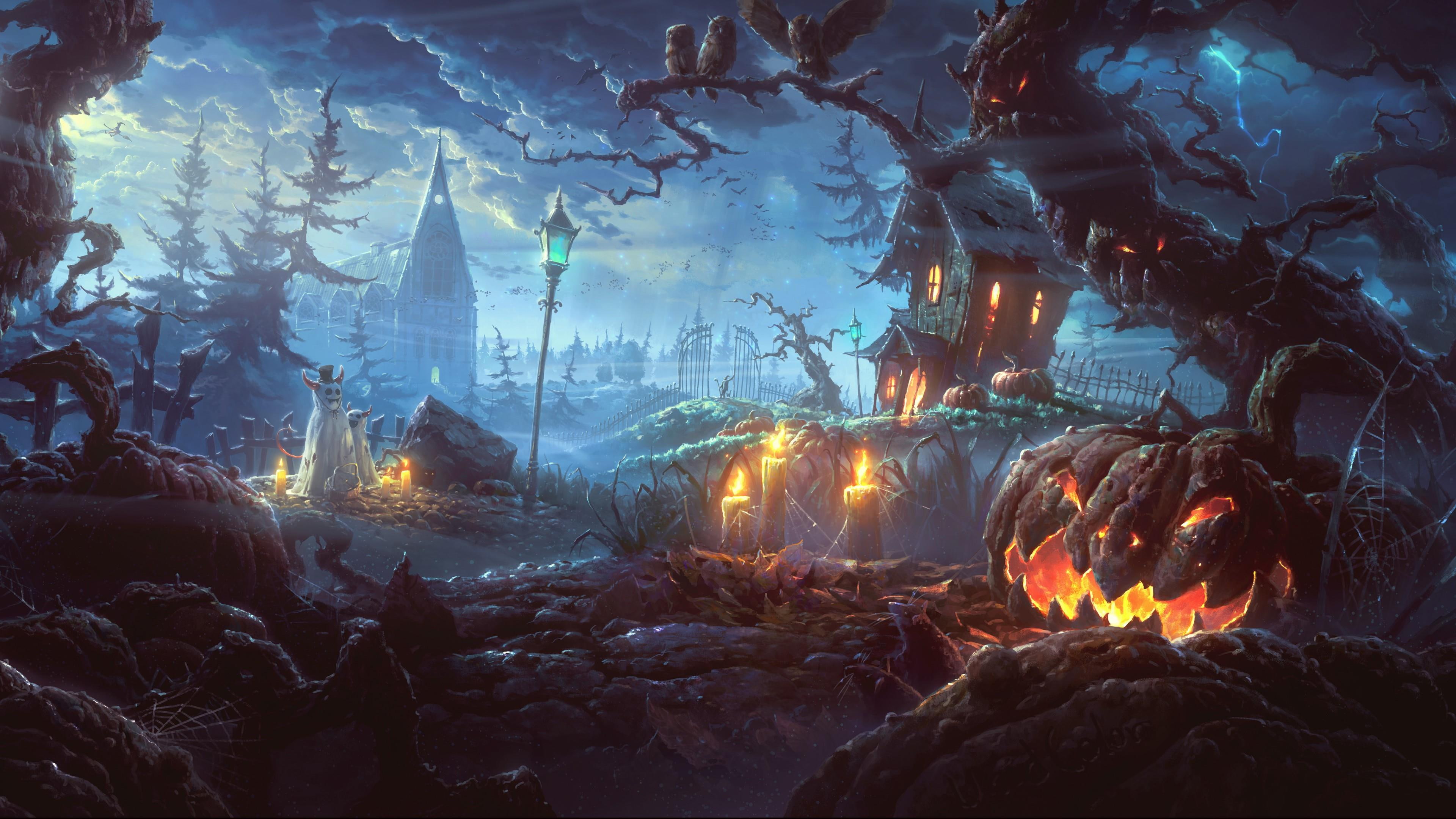pumpkin, pumpkin lantern, 4K, threaten, celebration, halloween, candles, lantern, HD Wallpaper