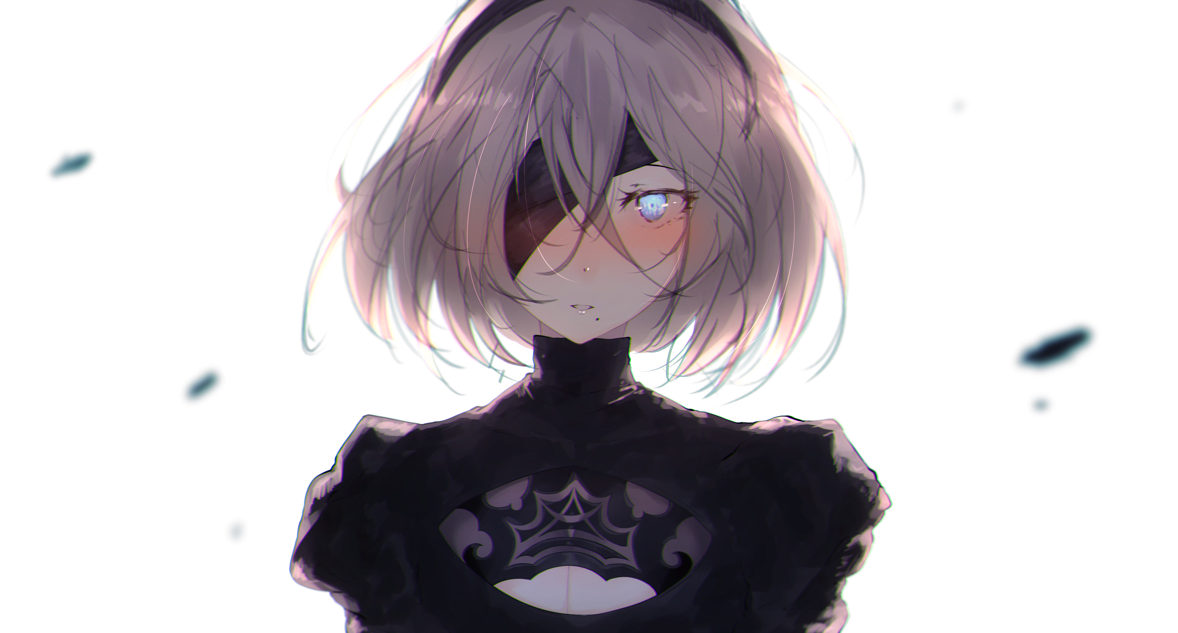 white  background, 4K, black dress, blue eyes, Nier: Automata, short hair, blindfold, NieR, 2B (Nier: Automata), HD Wallpaper