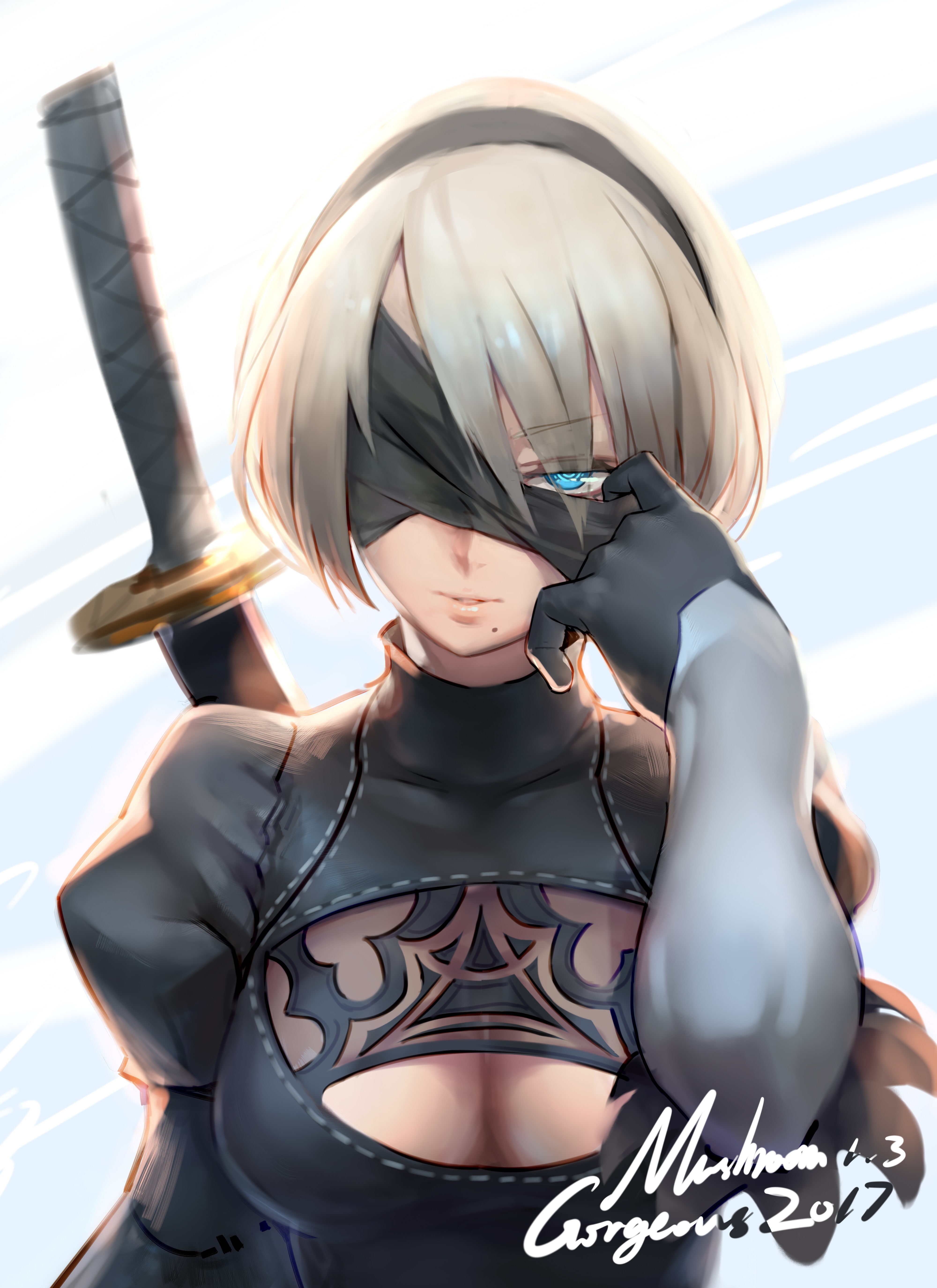 cleavage, gloves, white background, blue eyes, Nier: Automata, short hair, blindfold, 2B (Nier: Automata), 5K, NieR, sword, white hair, Phone HD Wallpaper