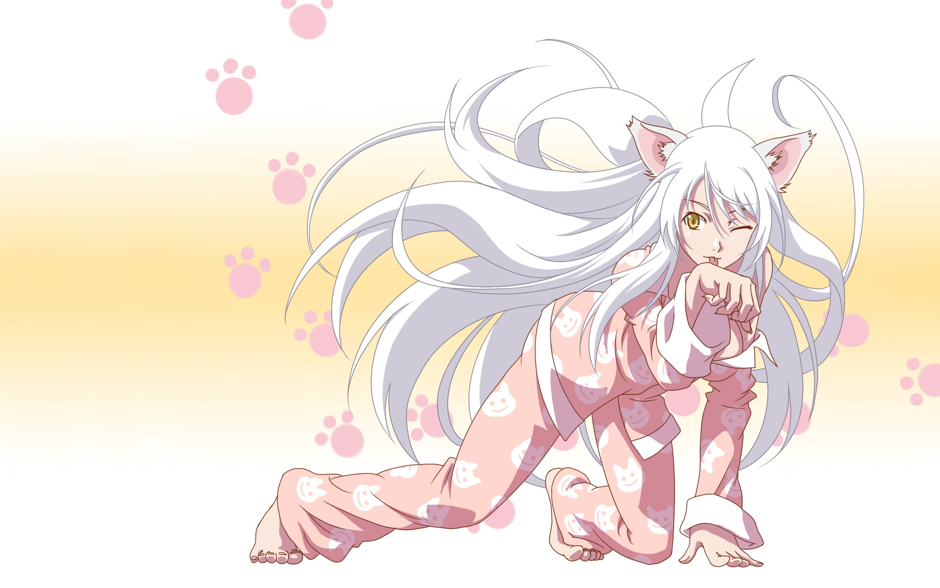 monogatari, event, animal themes, multi colored, 1080P, representation, ribbon, sky, neko, animal ears, animal, decoration, nature, white background, pink color, HD Wallpaper