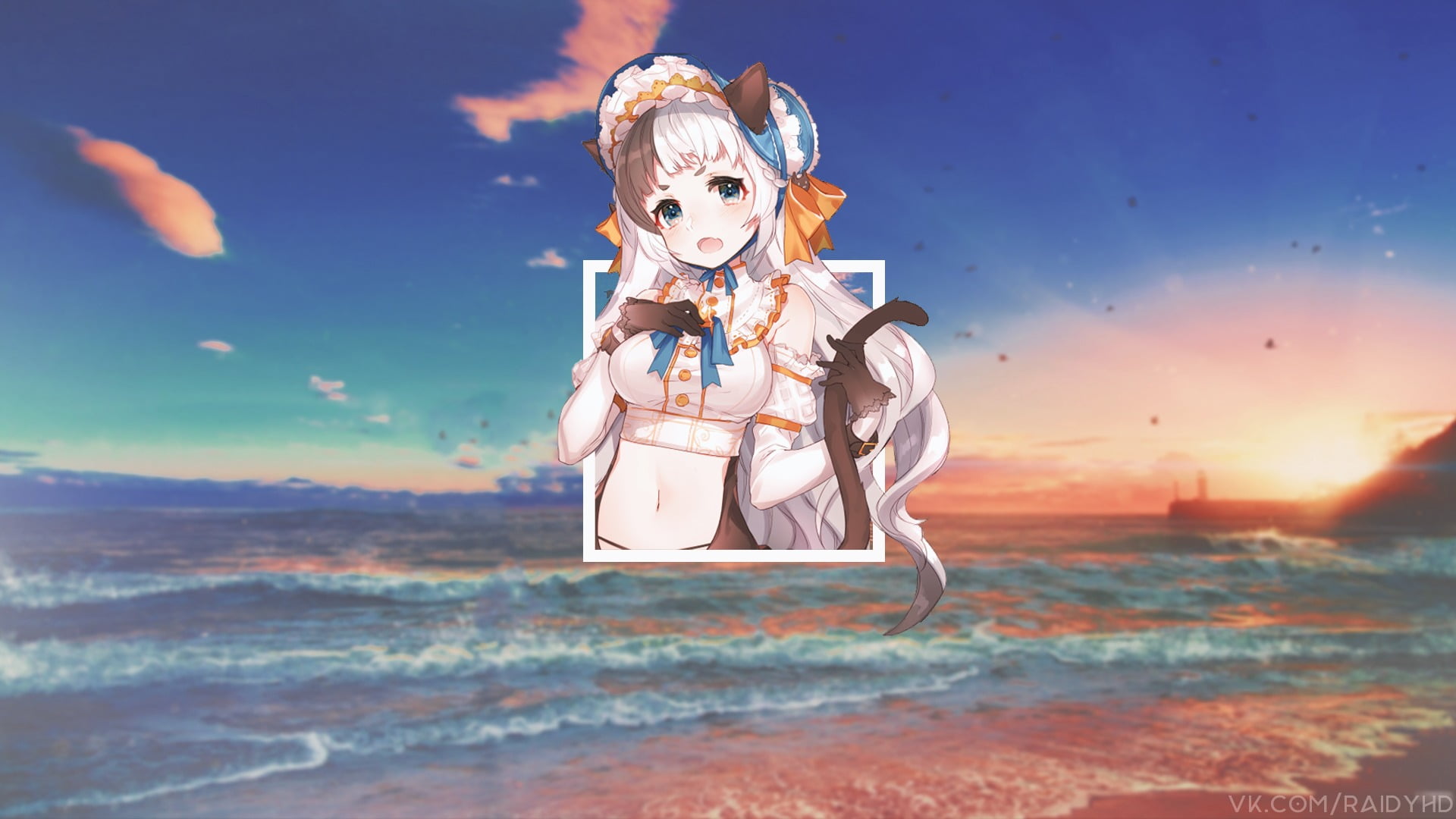 beauty in nature, outdoors, females, land, cloud - sky, one person, beautiful woman, women, nature, sunlight, neko ears, water, anime, young women, sunset, HD Wallpaper