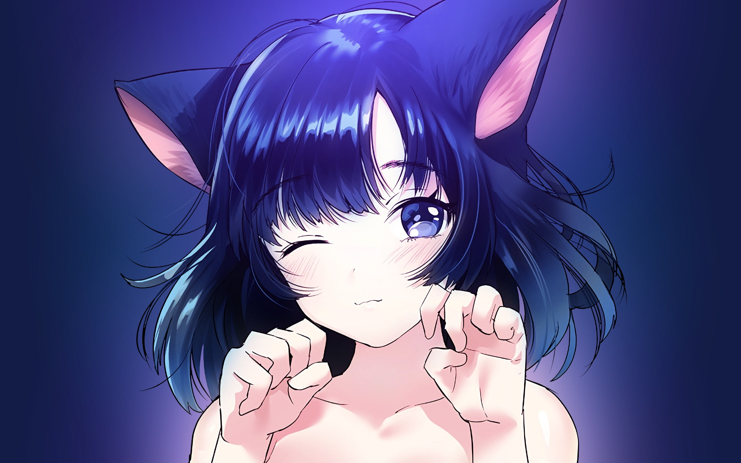 digital composite, hairstyle, representation, fashion, blue background, blond hair, anime girl, women, hair, one person, females, wink, neko, portrait, HD Wallpaper