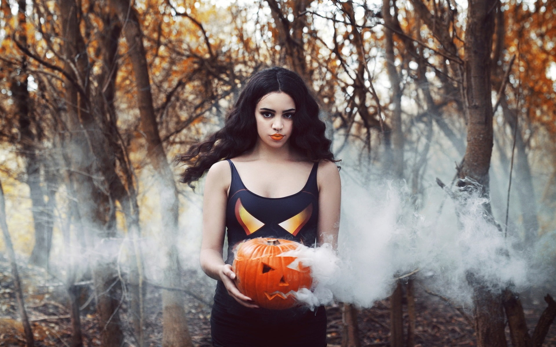 Smoke, Girl, Pumpkin, Halloween, 1080P, HD Wallpaper