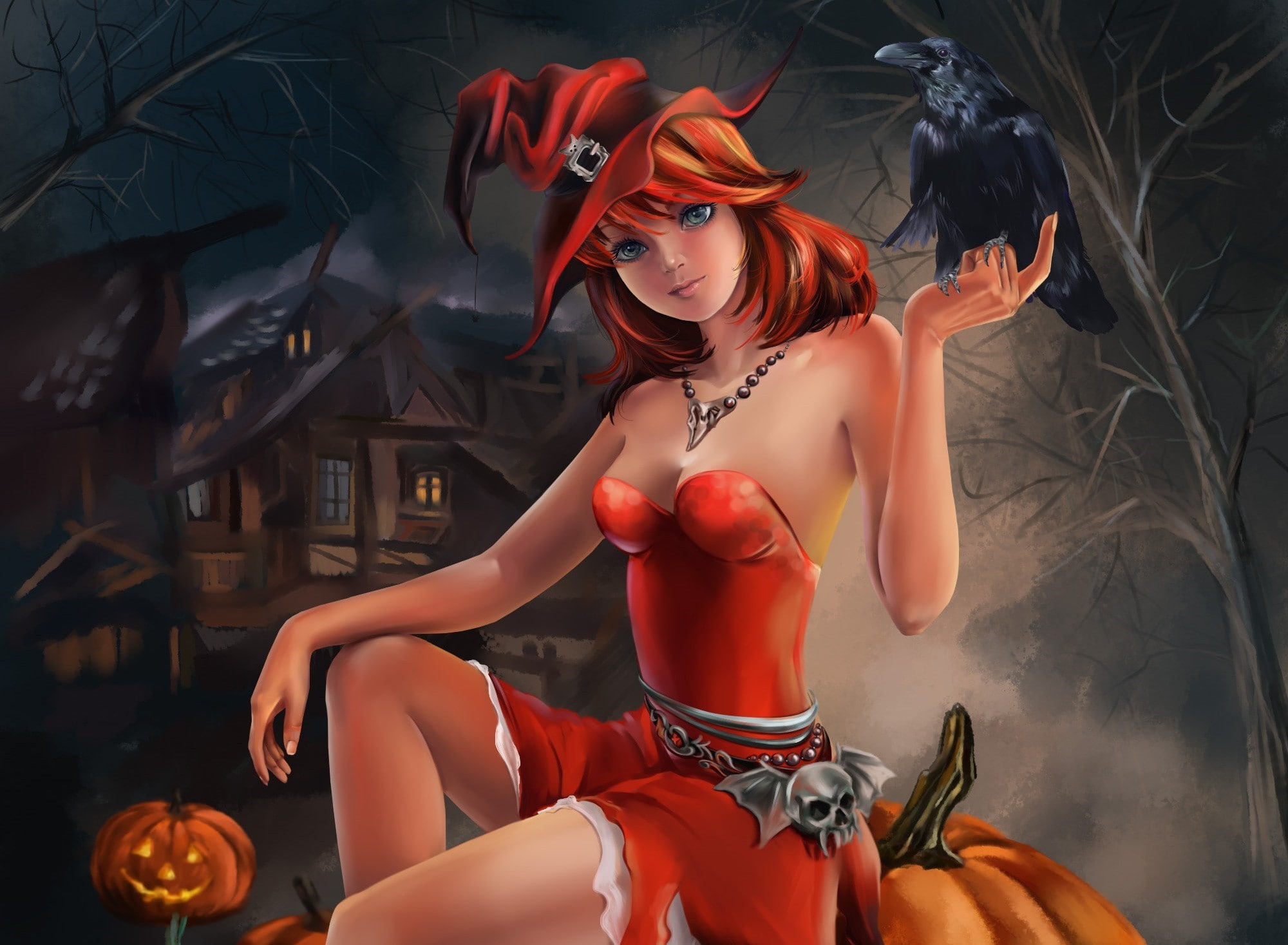 pumpkin, halloween, fantasy, girl, bird, 1080P, HD Wallpaper