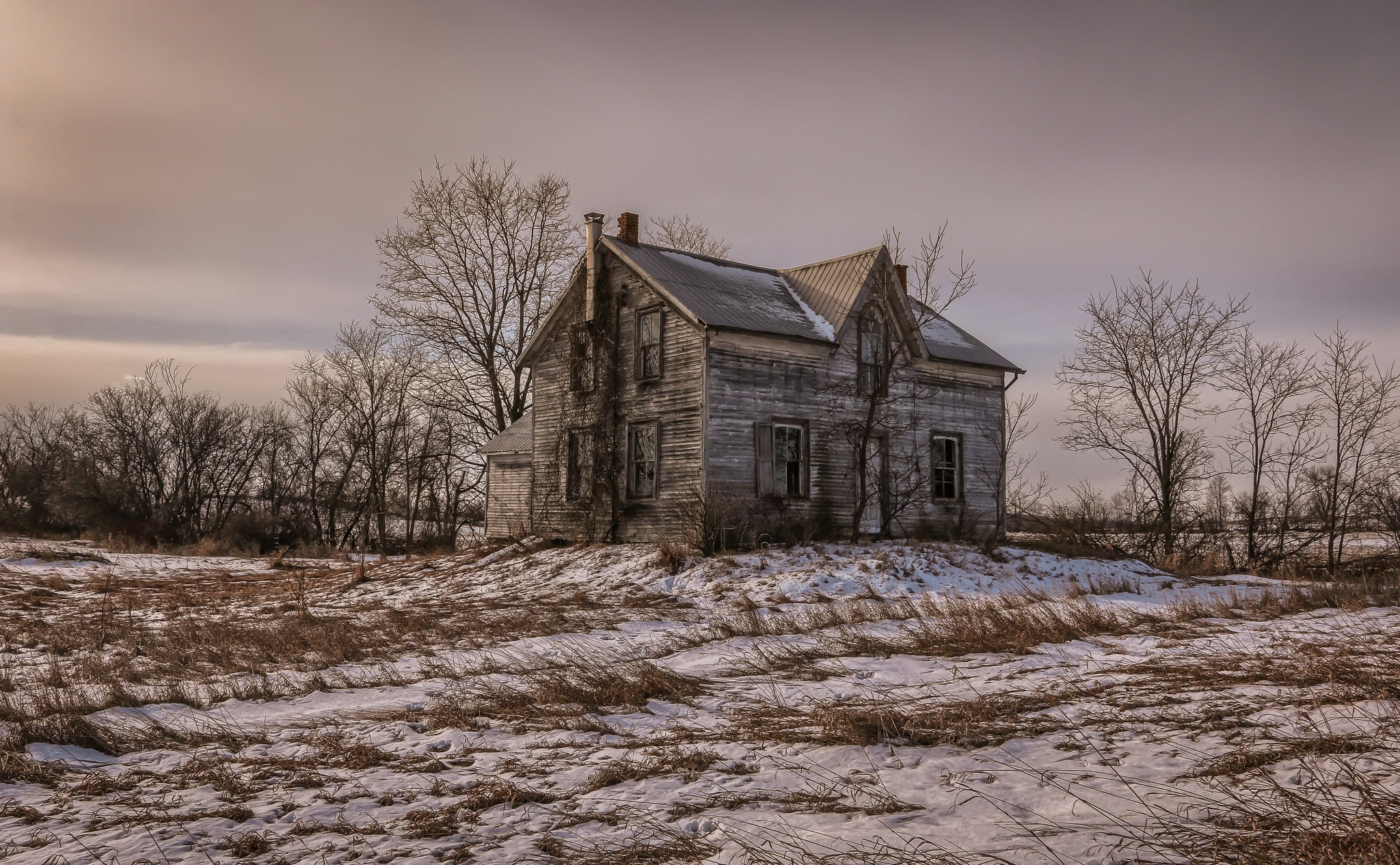 abandoned, landscape, building exterior, outdoors, 1080P, built structure, tree, house, old, cloud - sky, bare tree, nature, architecture, cold temperature, HD Wallpaper