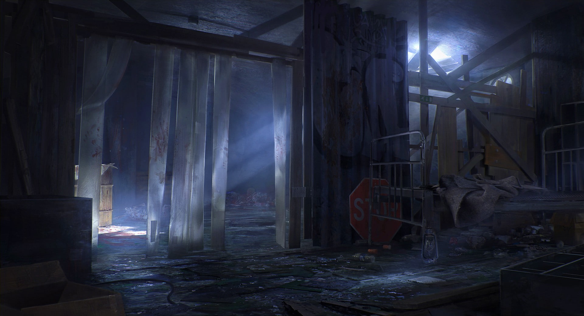 blood, digital art, abandoned, 1080P, room, dark, HD Wallpaper