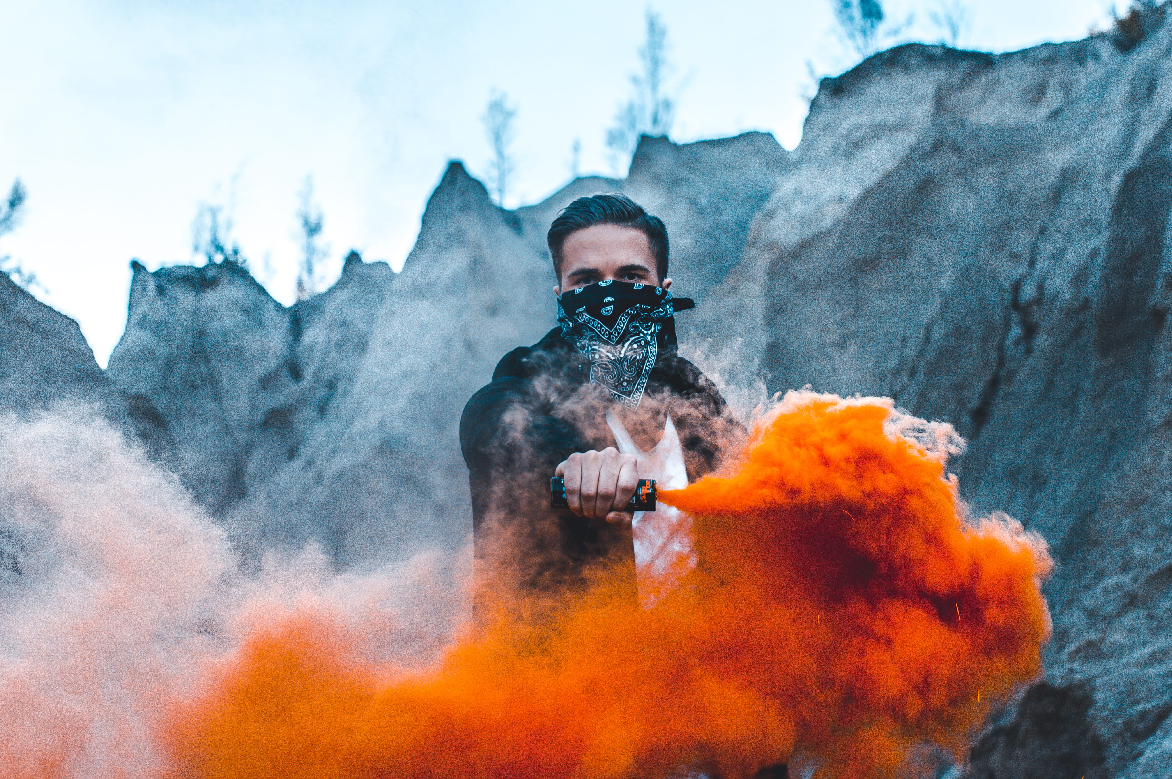 orange, flame, men, people, abstract, style, aggression, black, man, gun, danger, fashion, bomb, fire - Natural Phenomenon, firework, mountain, burning, HD Wallpaper