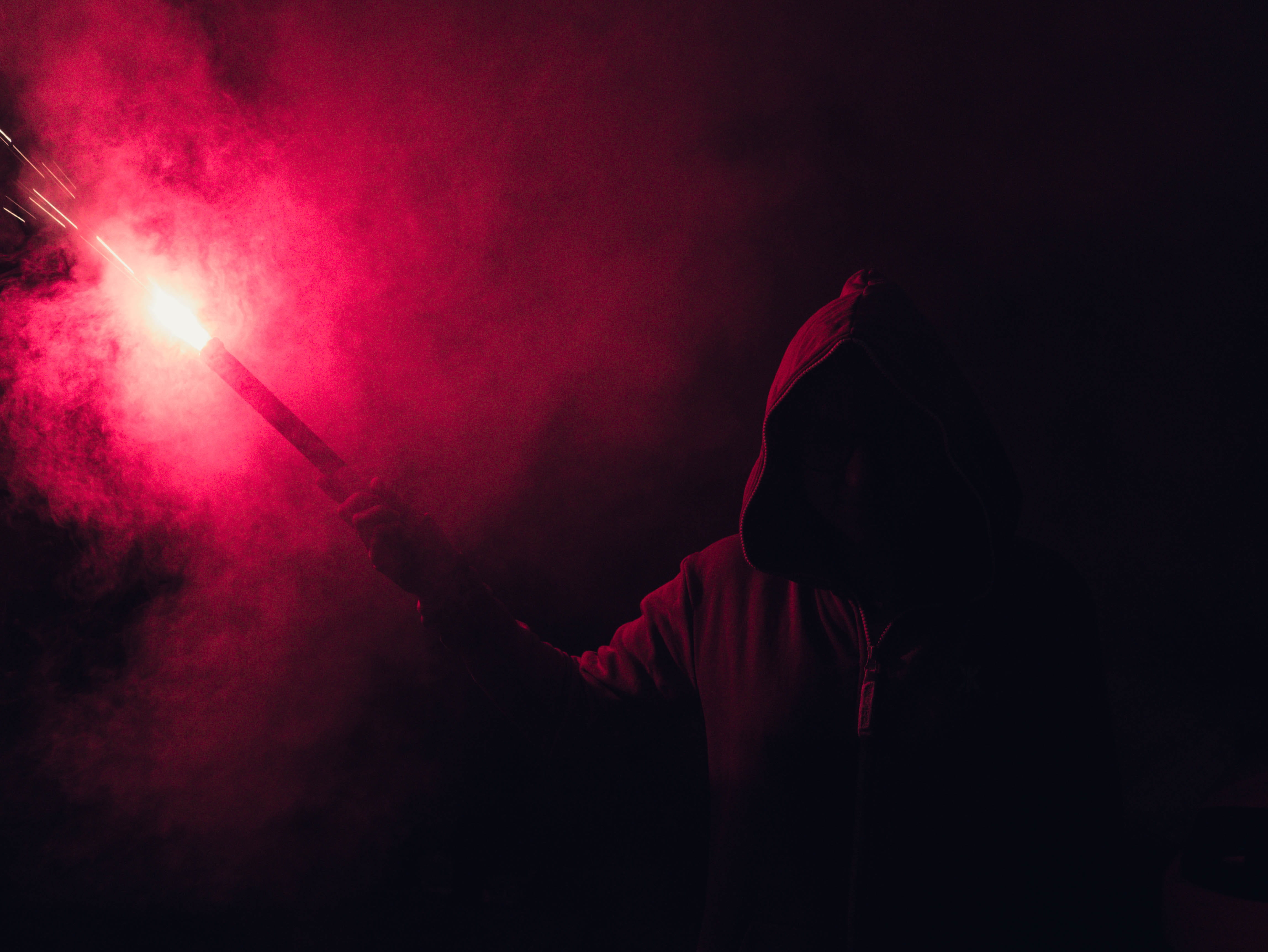 holding, hooded shirt, music, flame, smoke, night, flare, night time, figure, 4K, back lit, waist up, hood, man, red, stage, celebration, arts culture and entertainment, HD Wallpaper