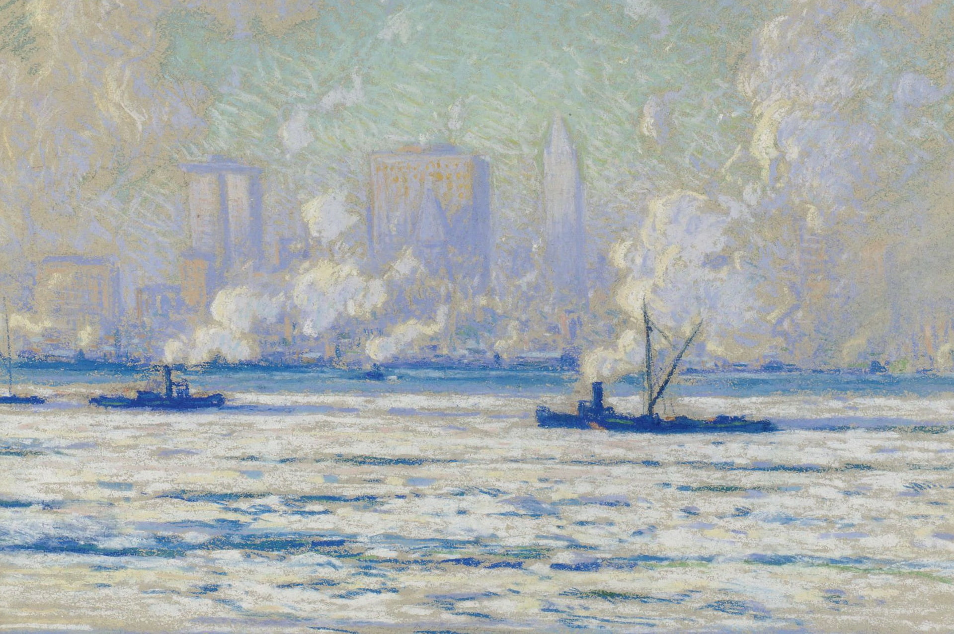 picture, 1080P, landscape, Eliot Kandy Clark, Winter View of new York from the Hudson, Eliot Candee Clark, HD Wallpaper