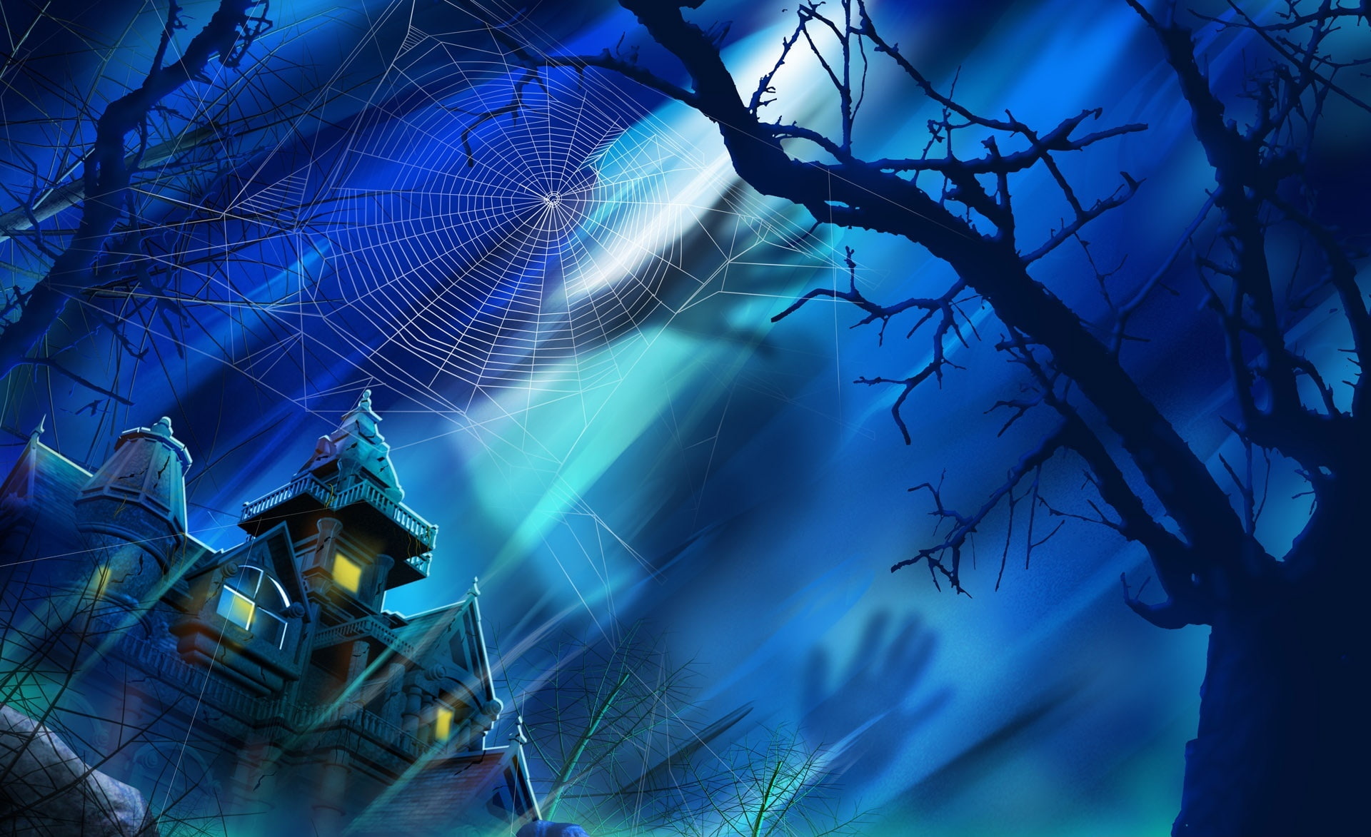 Spooky, built structure, building exterior, illuminated, beauty in nature, 1080P, Holidays, House, building, low angle view, branch, blue, tree, HD Wallpaper