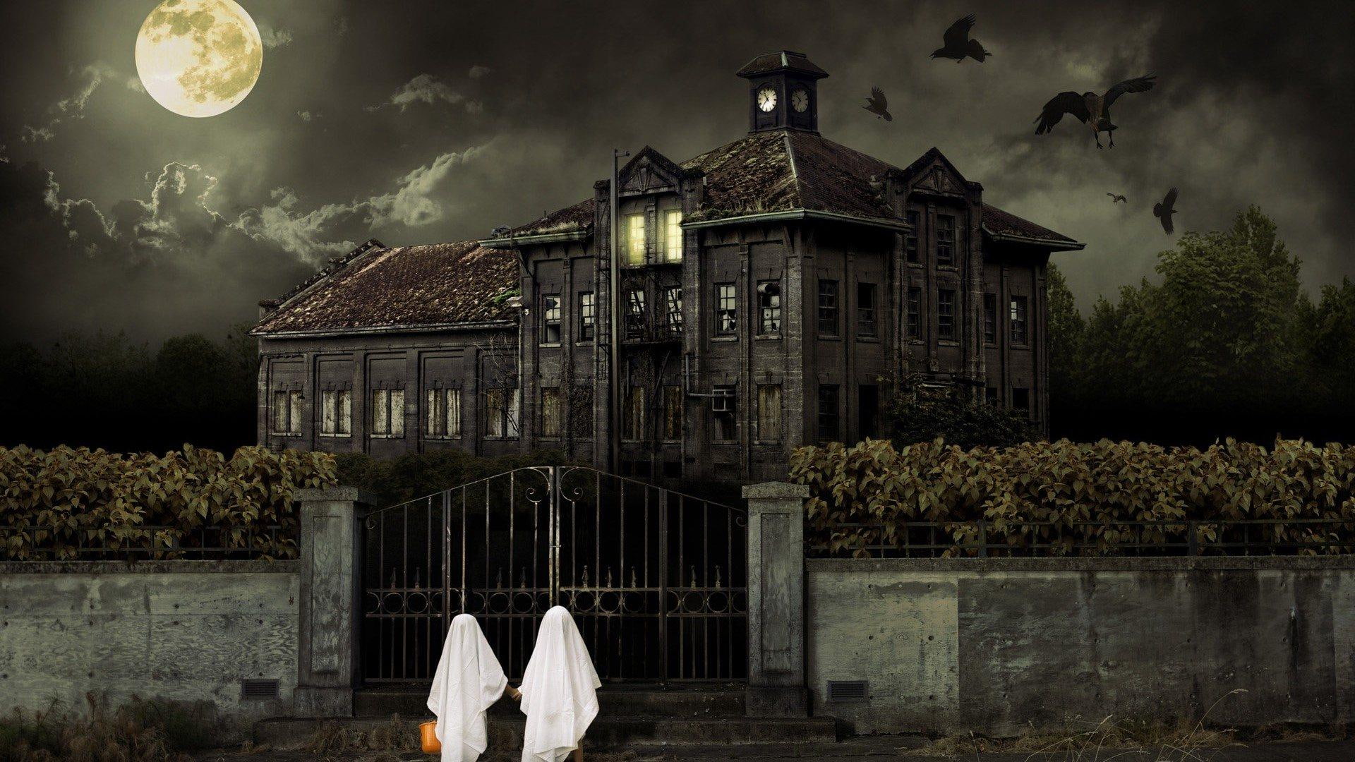 haunted, house, moon, mansion, clouds, ghost, holiday, scary, halloween, spooky, absrtract, evening, 1080P, HD Wallpaper