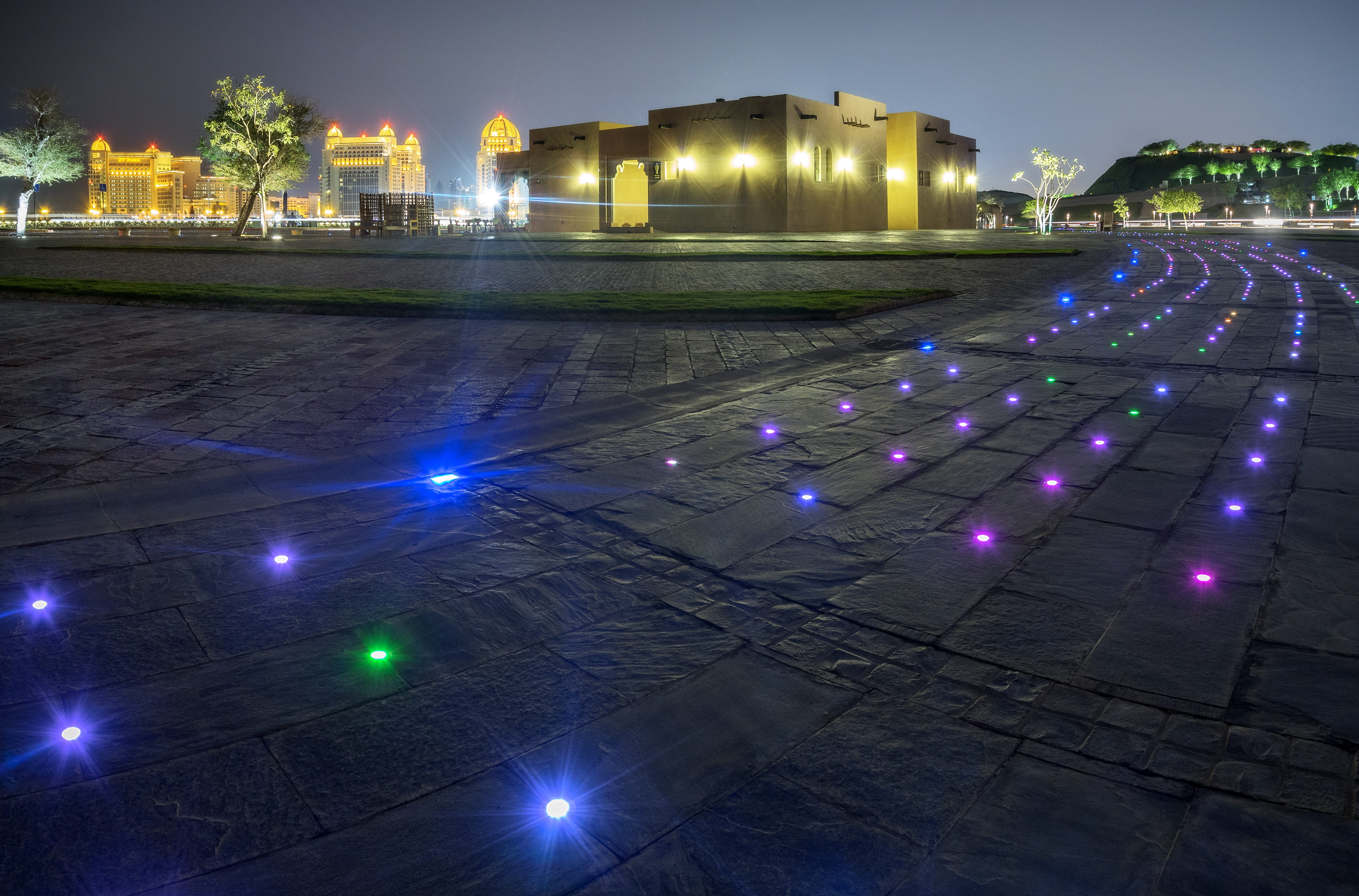 city, walkway, building exterior, katara, built structure, buildings, 2022, hotel, doha, travel, blue, lighting equipment, building, architecture, 5K, HD Wallpaper