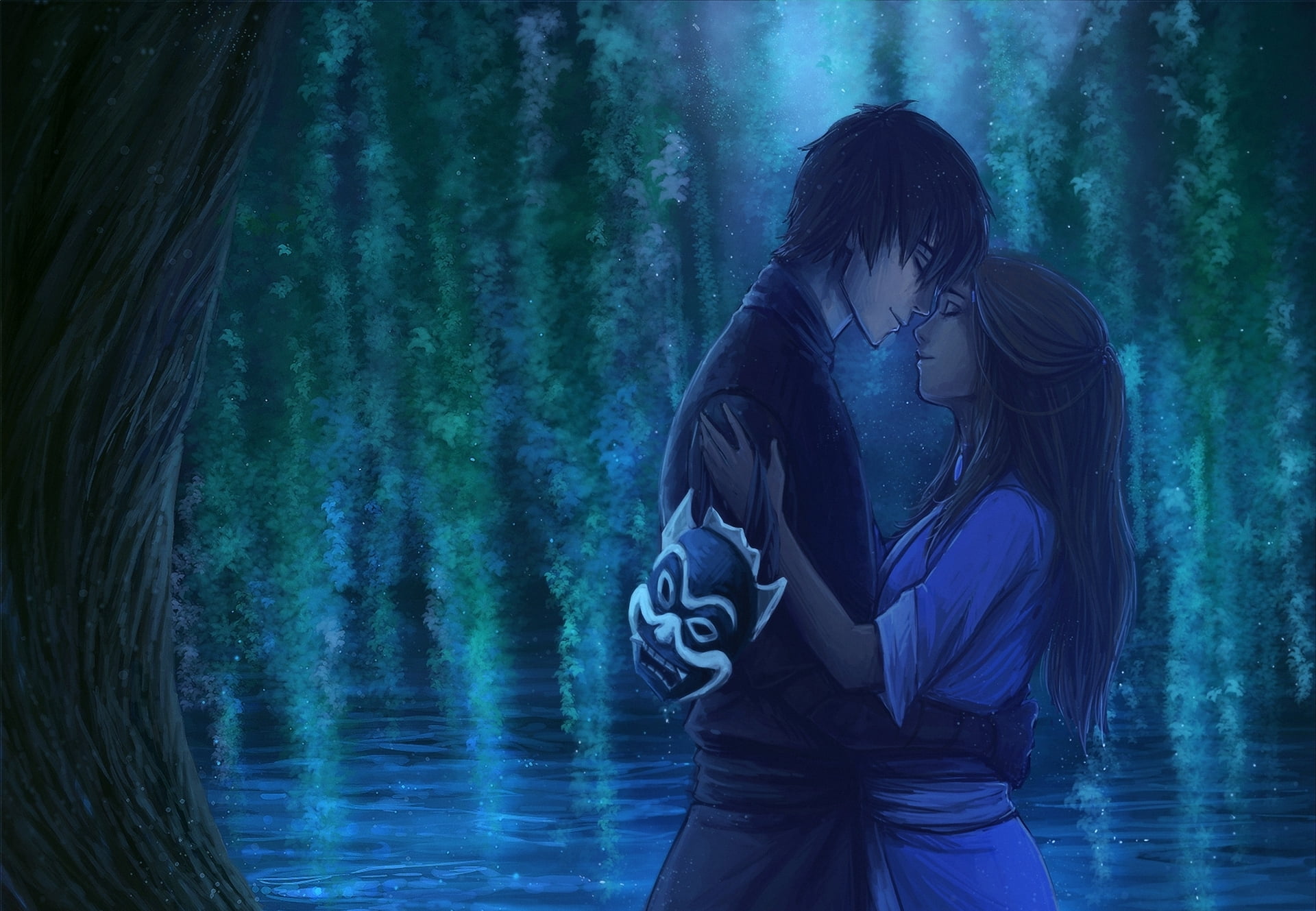 mask, prince, sullen, airbender, blue, halloween, dark, mystery, young Adult, spooky, girl, tree, night, outdoors, beauty, nature, fantasy, 1080P, HD Wallpaper