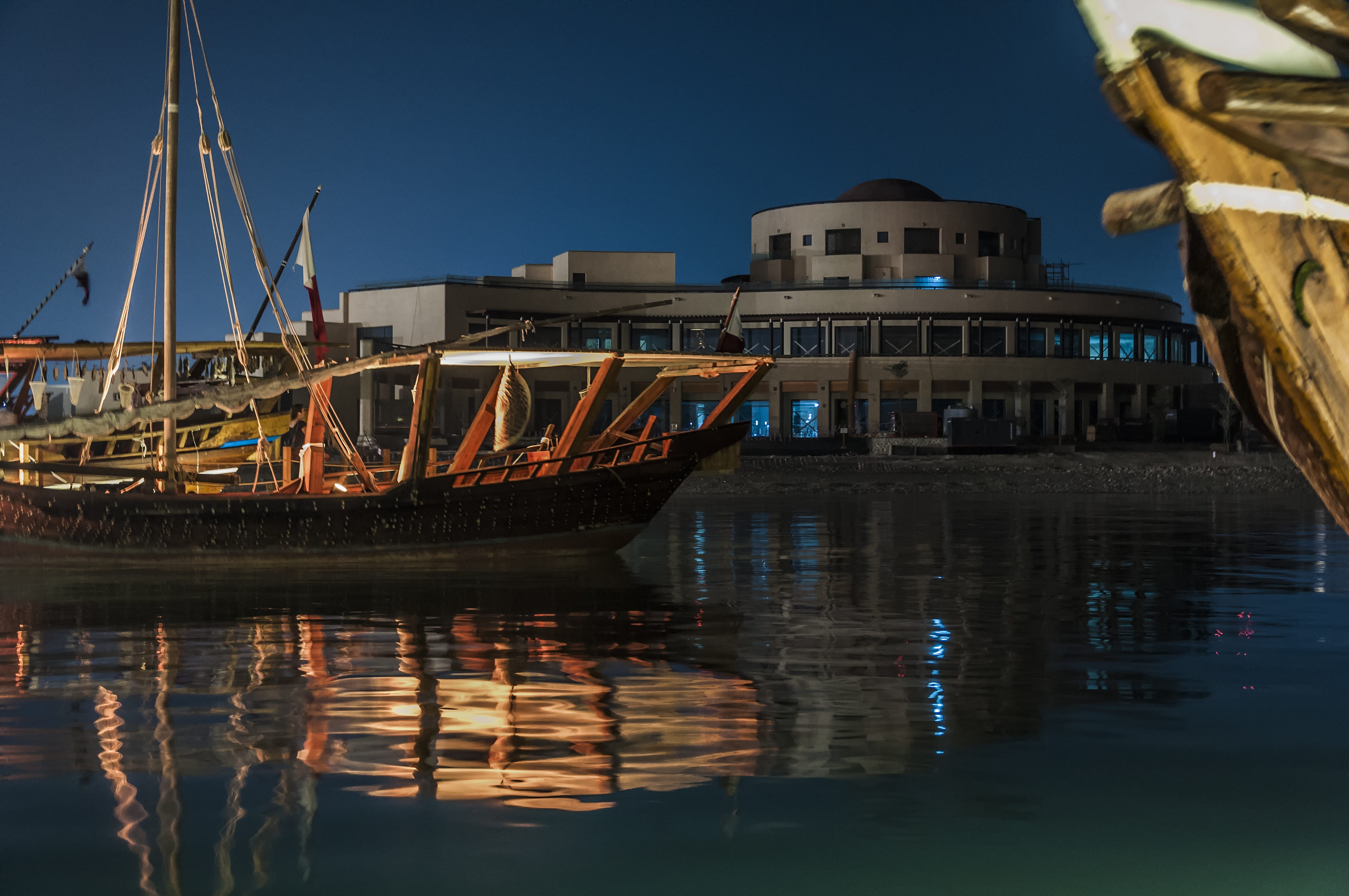 architecture, illuminated, no people, 4K, clear sky, waterfront, sky, wooden post, mode of transportation, dhow festival, built structure, 2017, boat, HD Wallpaper