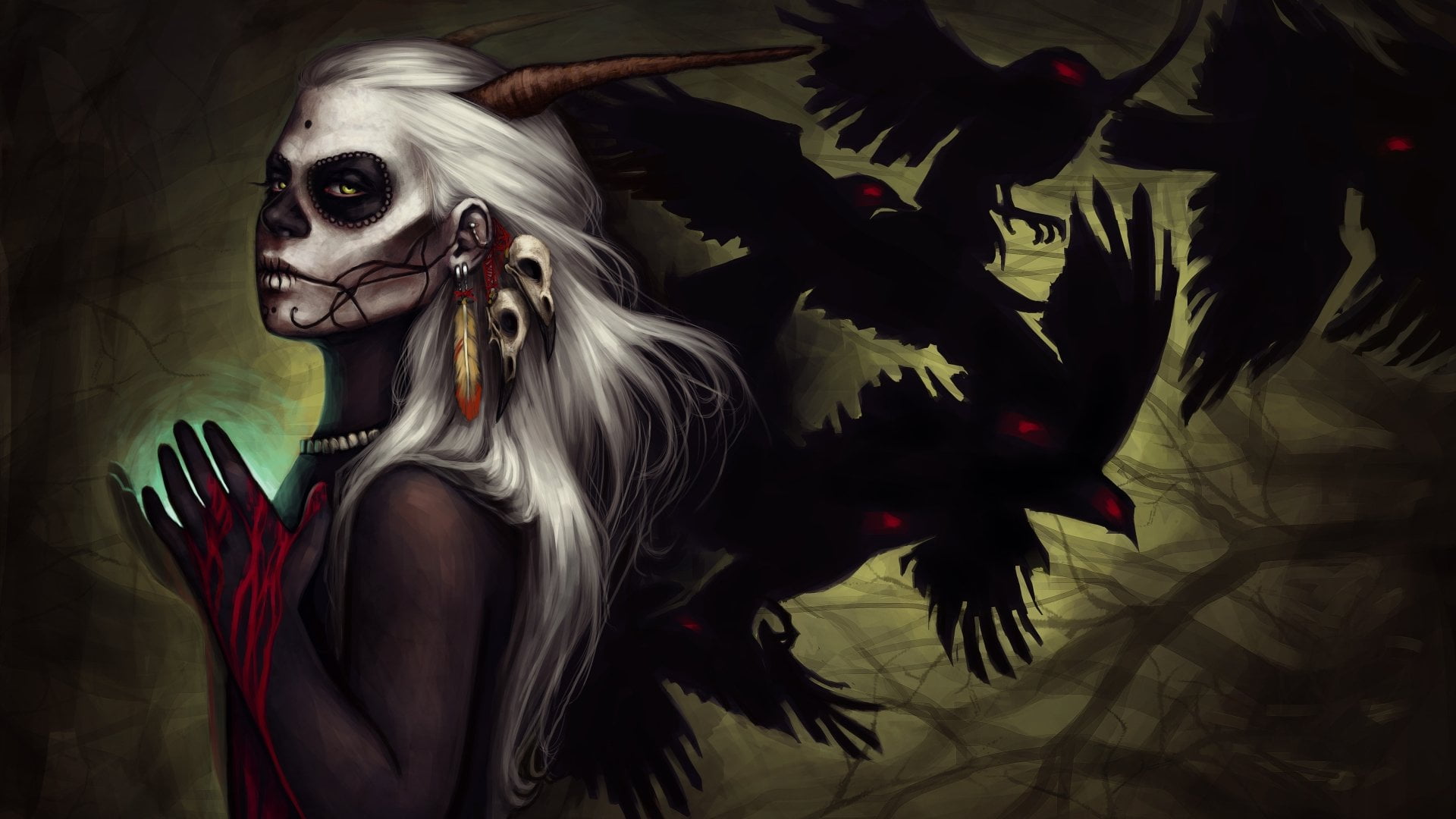 hairstyle, looking at camera, make-up, Demon, long hair, Crow, adult, paint, calavera, body paint, 1080P, Women, one person, Dark, Woman, graphic, indoors, HD Wallpaper