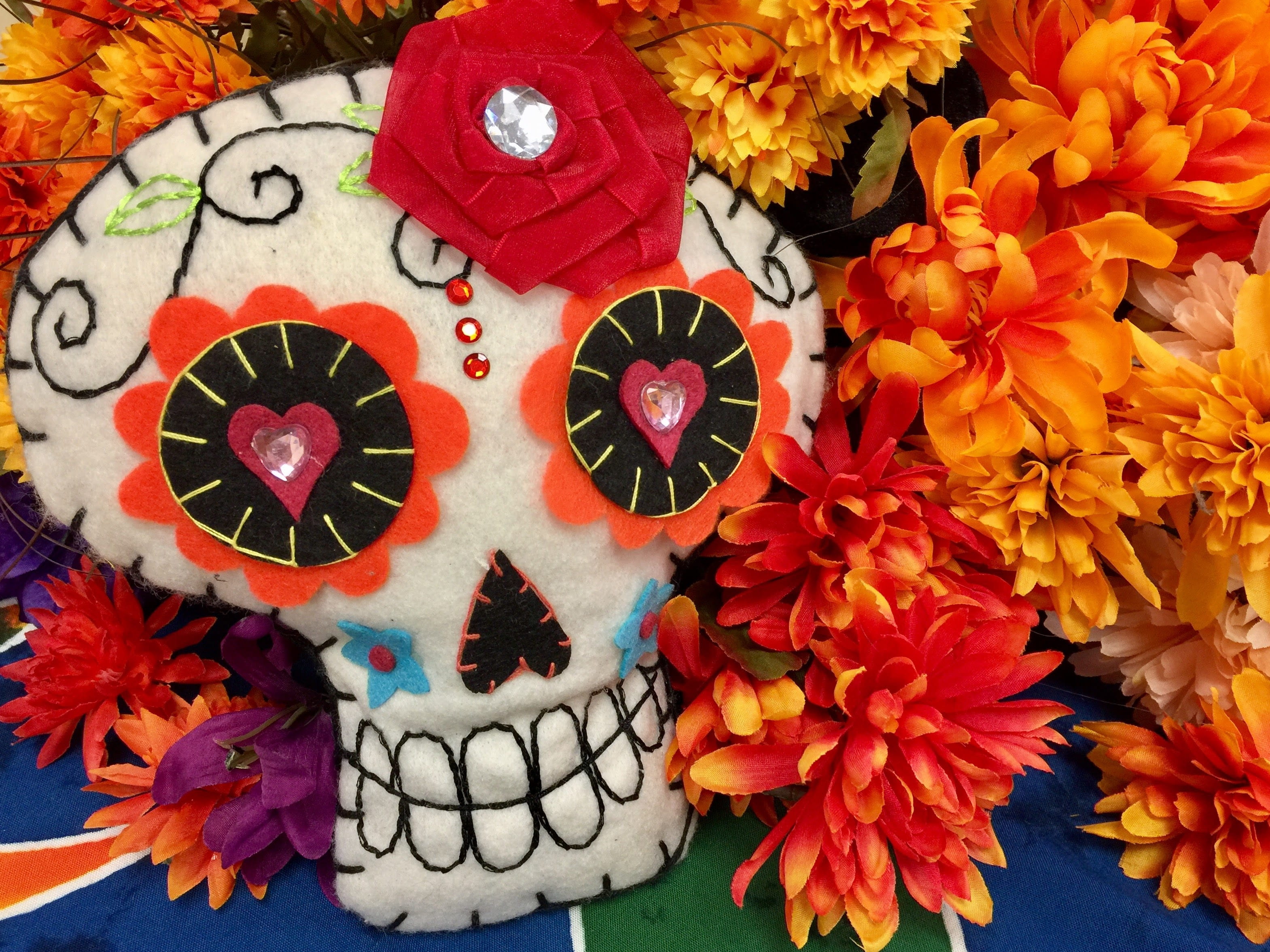 craft, flowers, petaled, orange, orange flowers, floral pattern, multi colored, autumn, close, dia de muertos, petal, cultures, calavera, yellow, muertos, HD Wallpaper