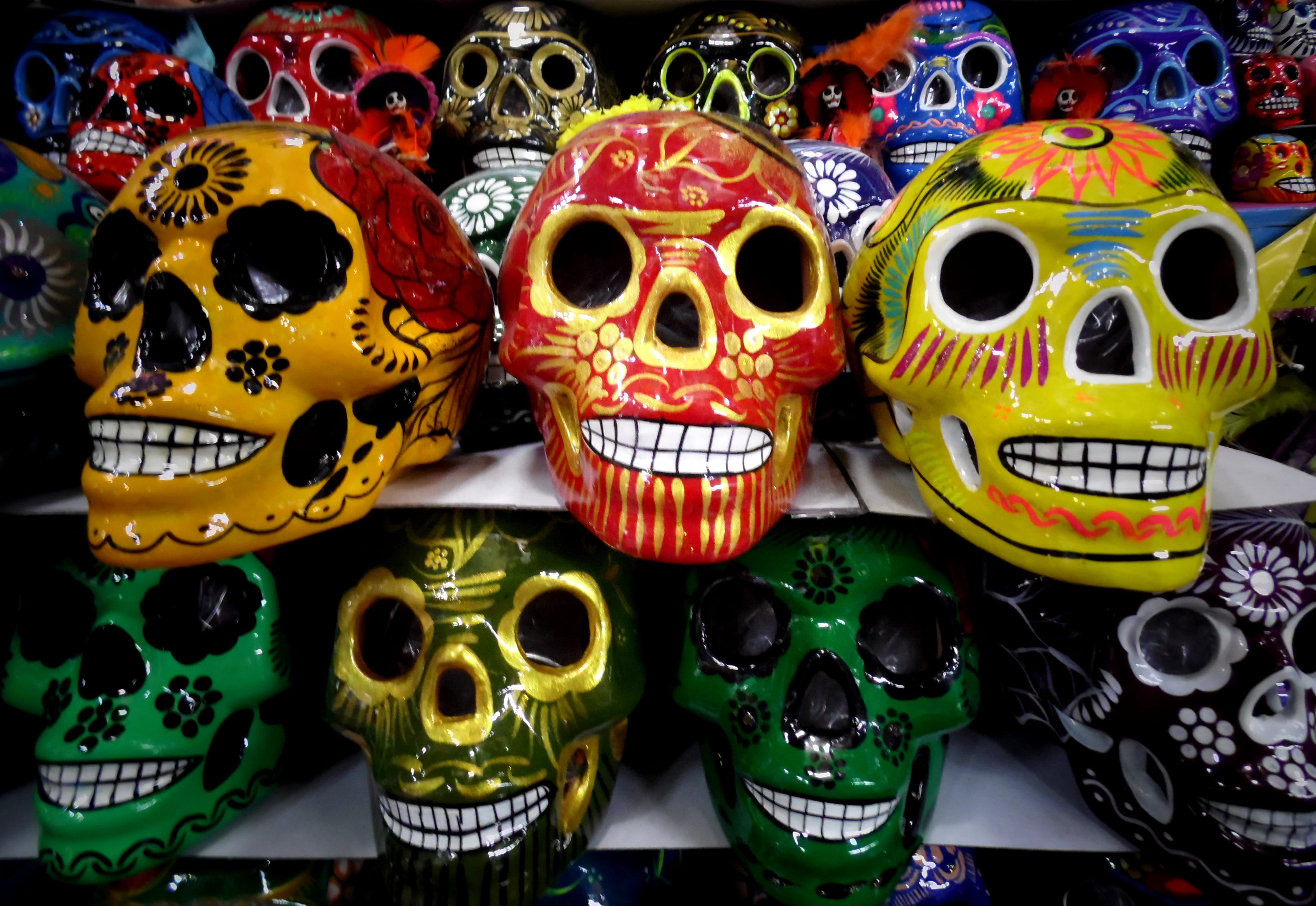 close-up, for sale, festival, design, disguise, handmade, choice, colourful, retail, assorted, traditional, skulls, indoors, art and craft, colorful, figurines, HD Wallpaper