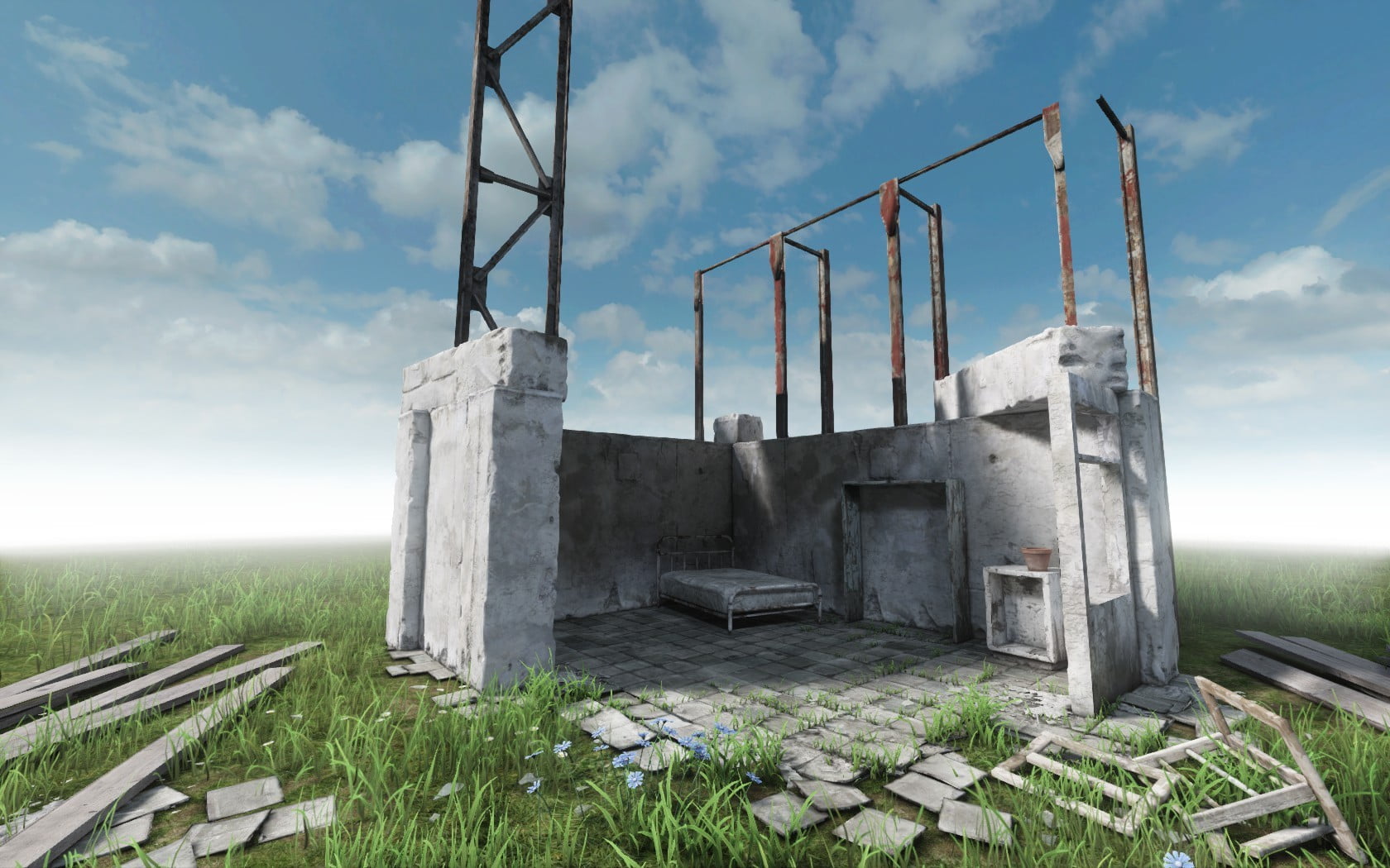 720P, abandoned, spooky, low angle view, green color, no people, built structure, grass, plant, cloud - sky, white, video games, staircase, environment, HD Wallpaper
