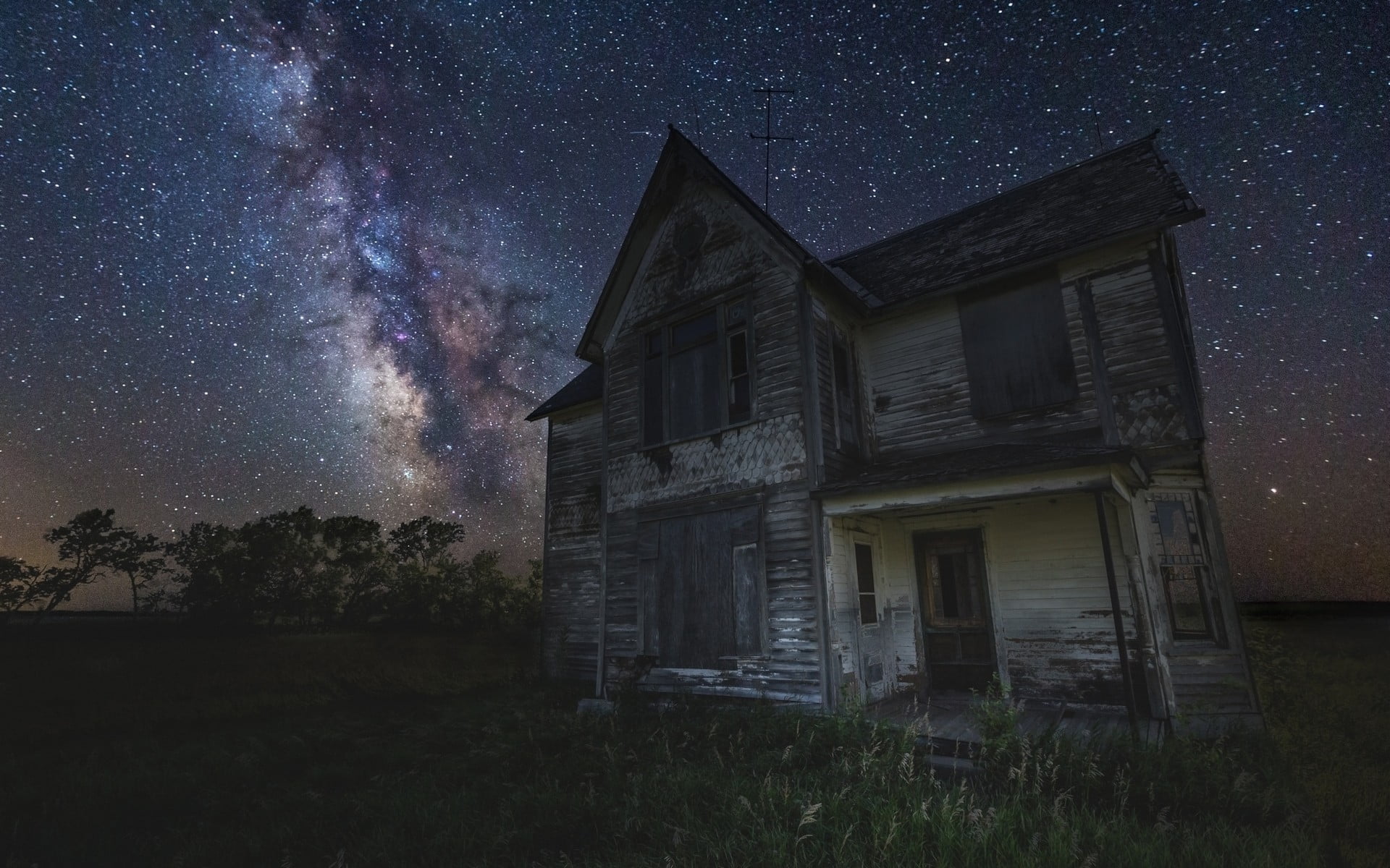 star, Milky Way, grass, South Dakota, 1080P, sky, building exterior, spooky, star - space, building, white, night, low angle view, nature, starry night, HD Wallpaper