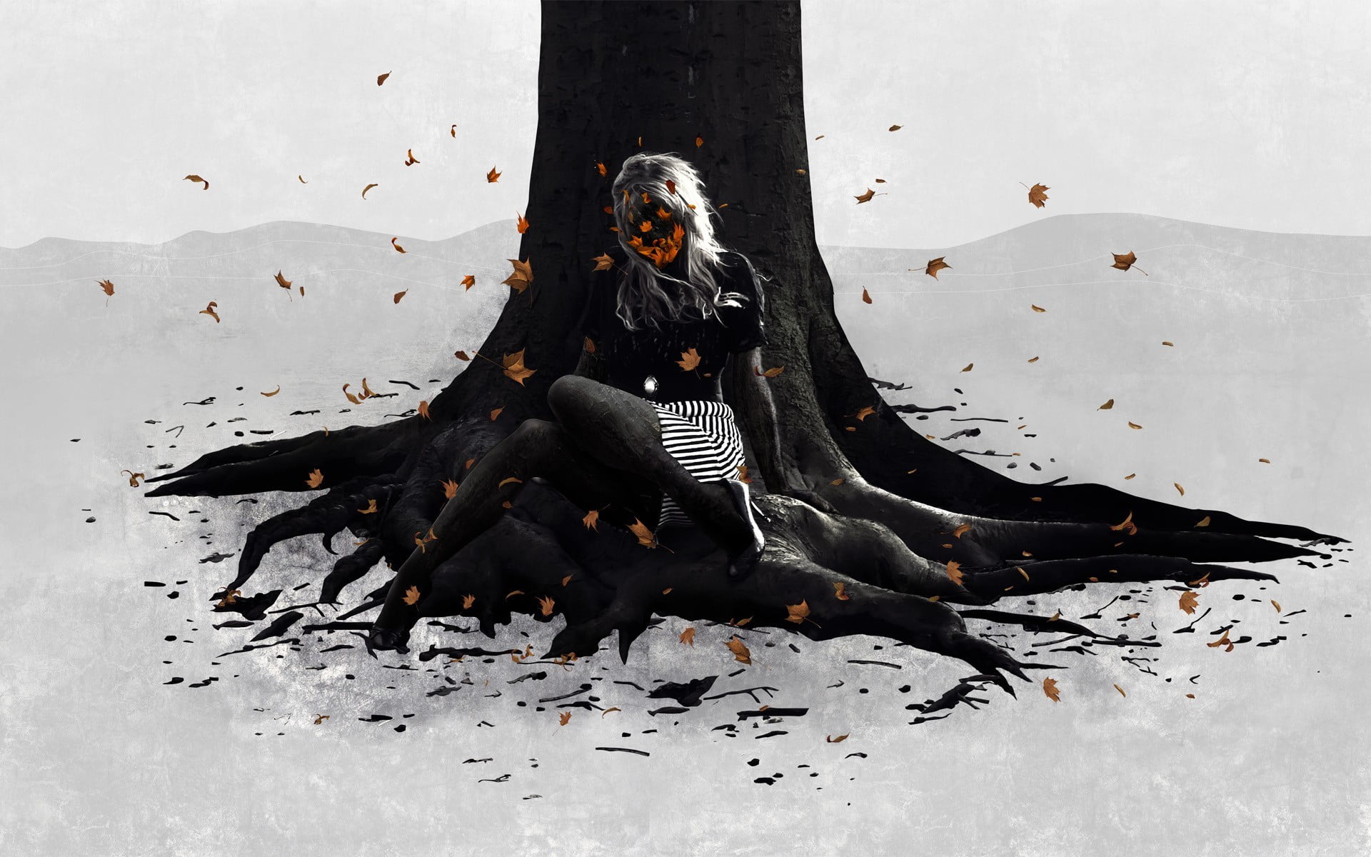domestic, tree, art, women, dog, silhouette, outdoors, horror, evil, land, animal themes, mammal, 1080P, falling, canine, day, fall, leaves, pets, nature, HD Wallpaper