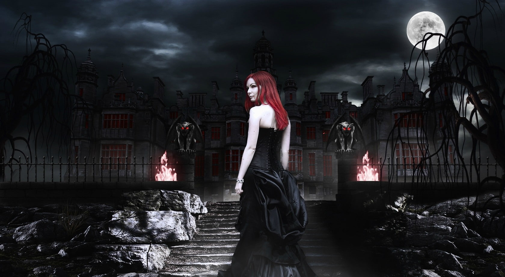 building exterior, vampires, young adult, water, fantasy art, sky, red eyes, built structure, adult, ghost, one person, fear, digital composite, night, HD Wallpaper