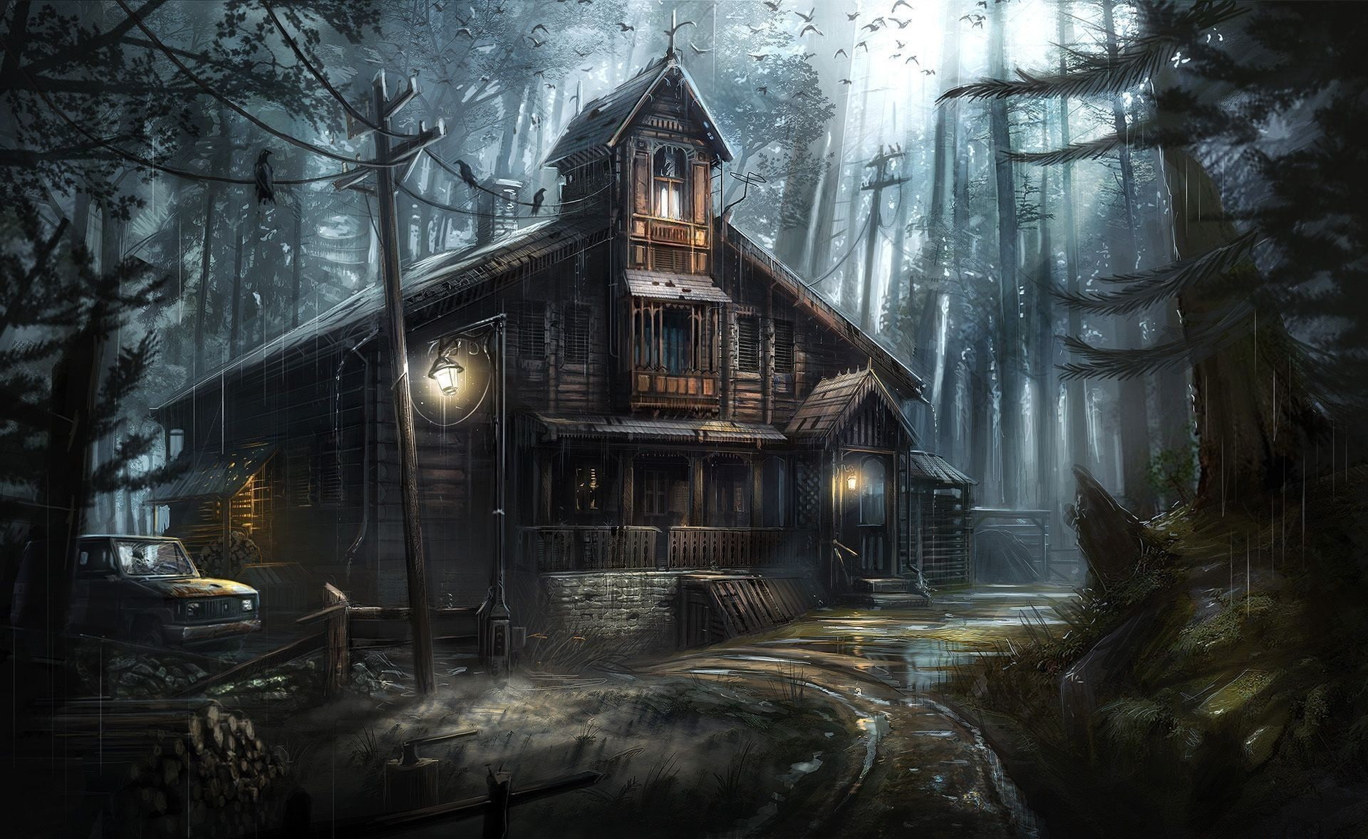 cold temperature, nature, birds, 1080P, snowing, plant, the past, old, history, fog, no people, outdoors, tree, house, artwork, building, lighting equipment, HD Wallpaper