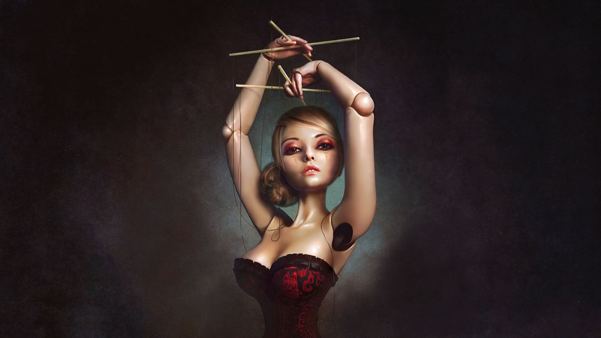 fashion, creativity, beauty, studio shot, black background, clothing, adult, females, puppets, beautiful people, young adult, elegance, Toy, 1080P, one person, HD Wallpaper